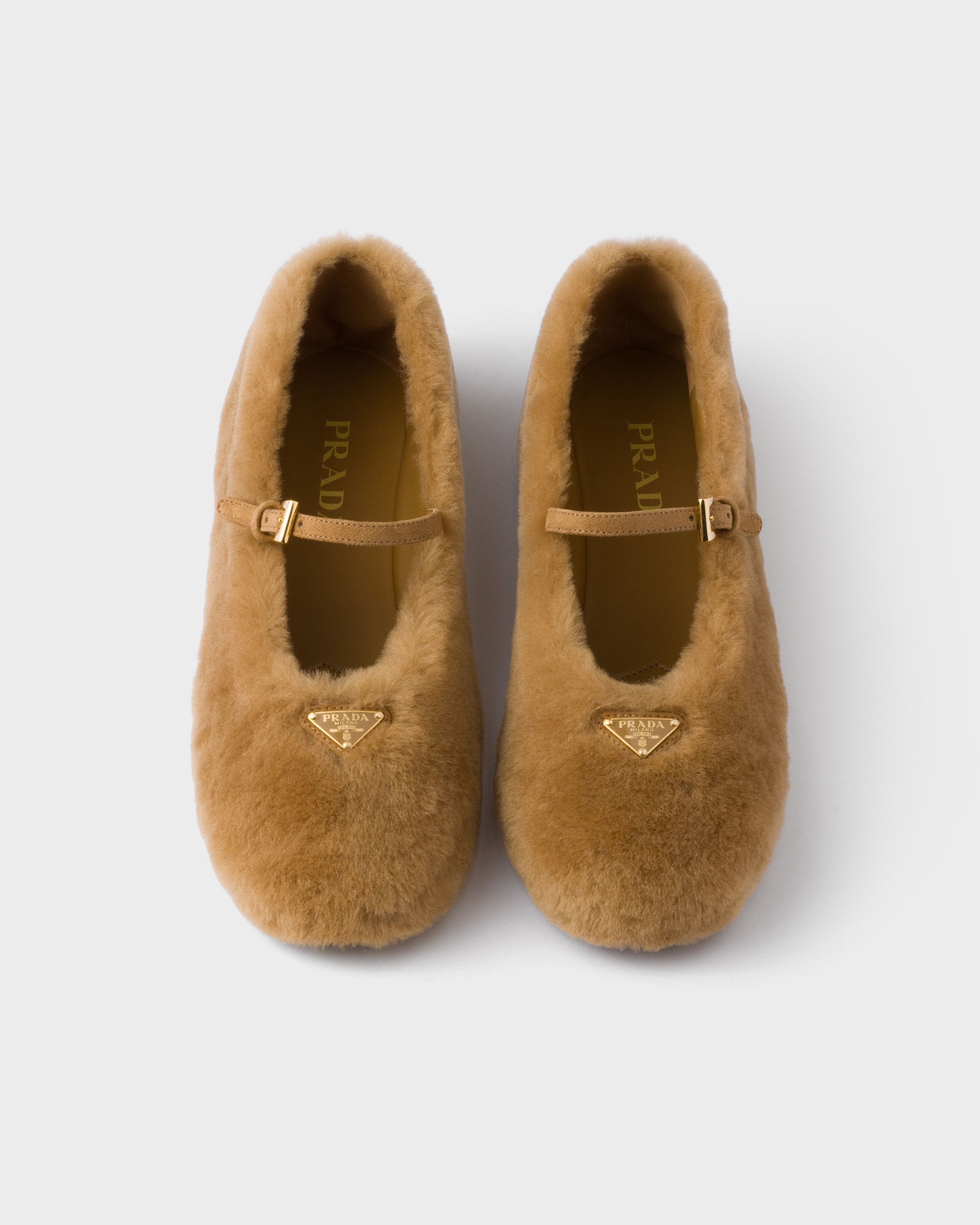 Prada Shearling Mary Jane Ballerina Flats In Brown