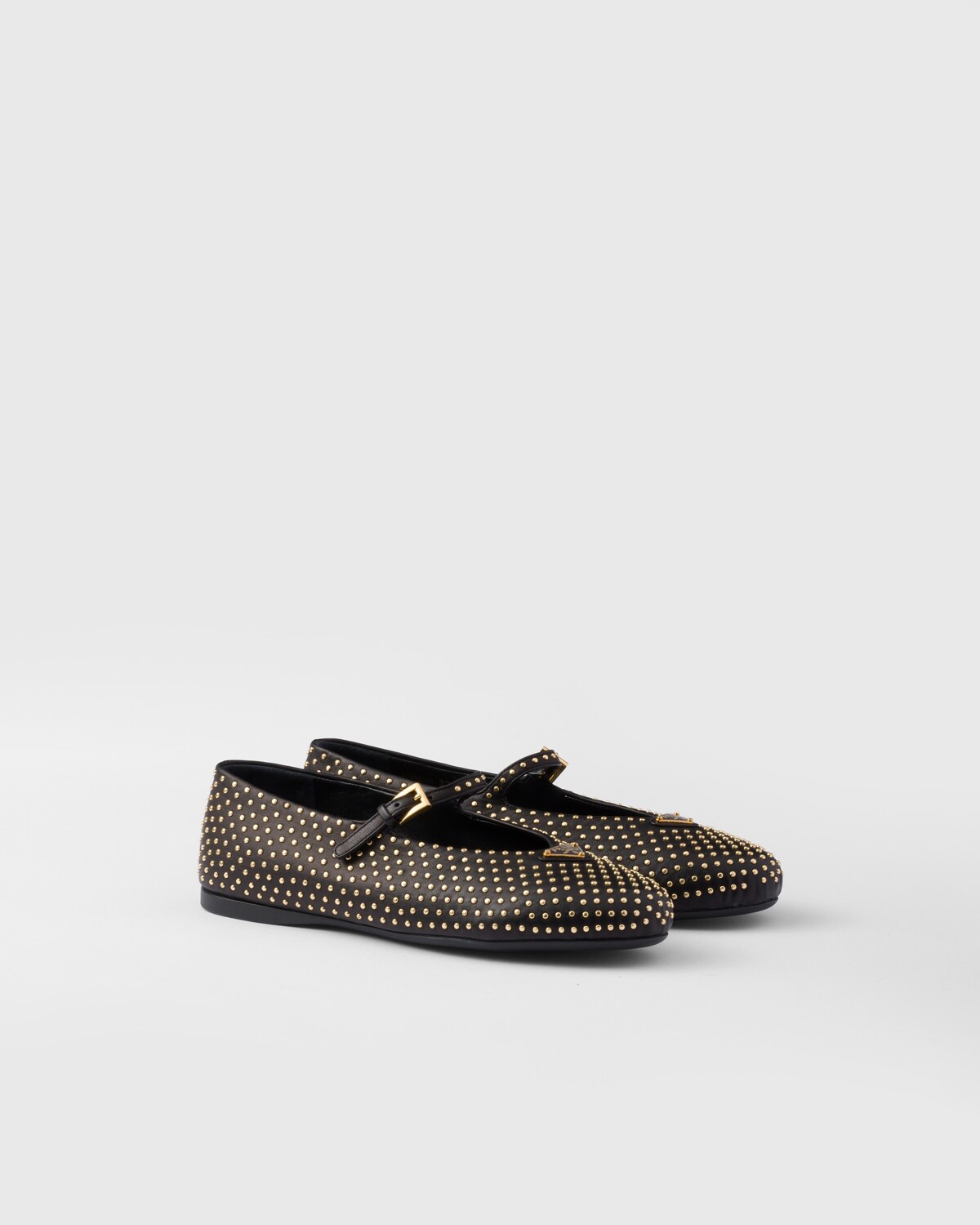 PRADA 25S DOUBLE STRAP BALLERINAS IN BLACK SATIN