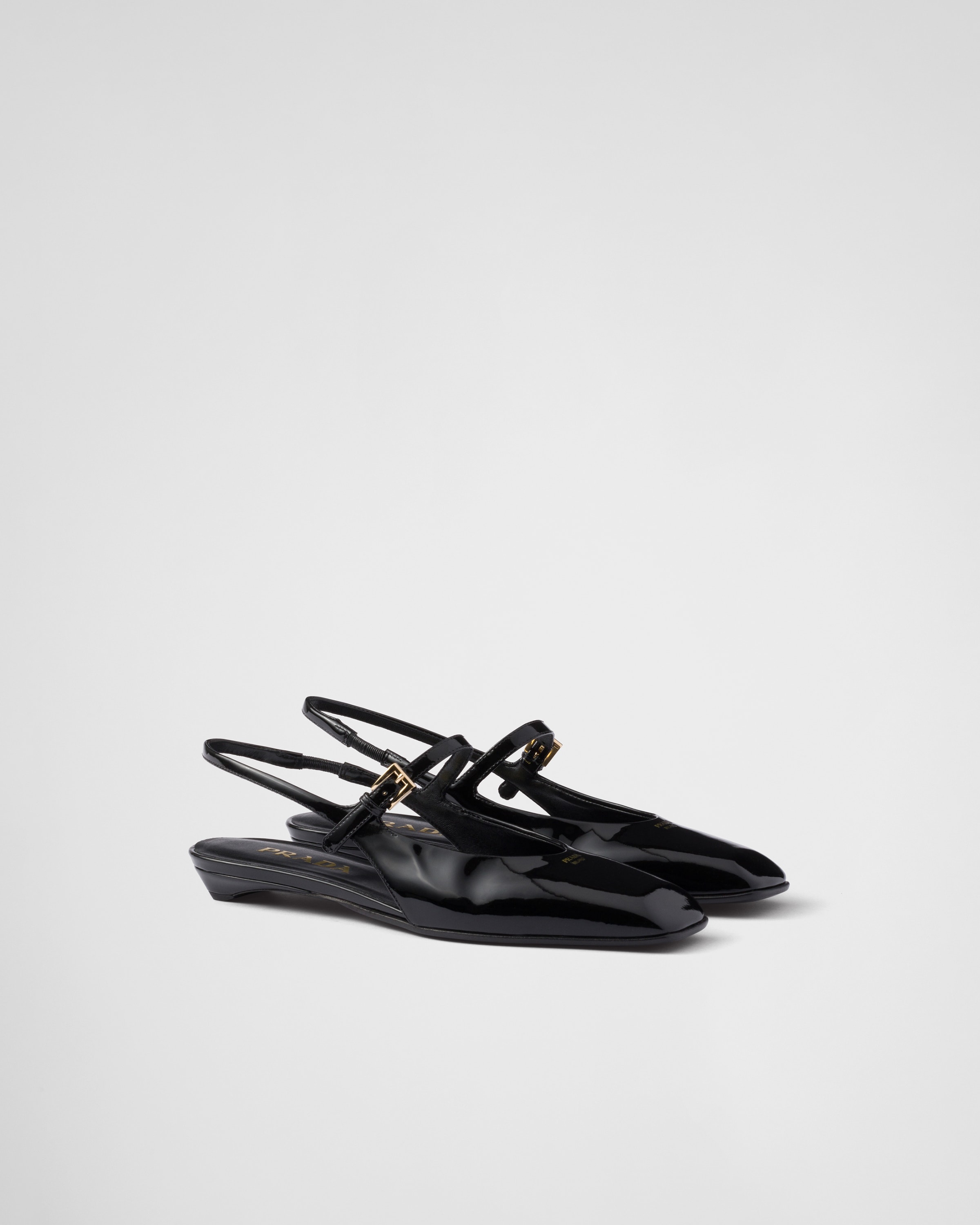 Prada Calf Leather Slingback Slippers With Glossy Finish In Black