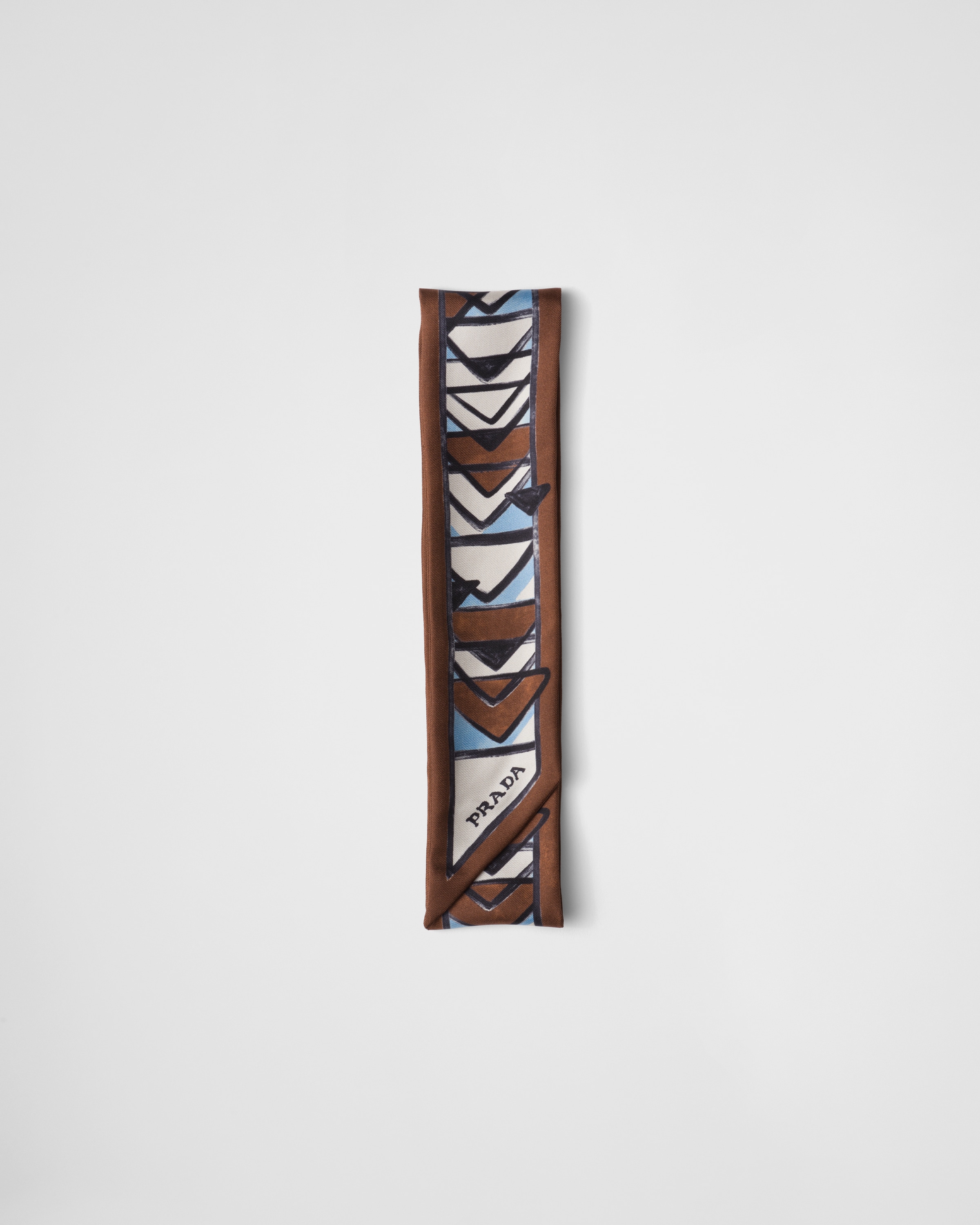Prada Printed Twill Skinny Scarf In Light Blue/tabacco