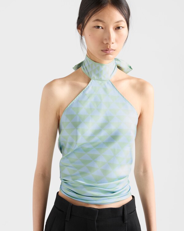 Printed silk twill halter top - Aqua/Crystal Printed silk twill halter top - Aqua/Crystal