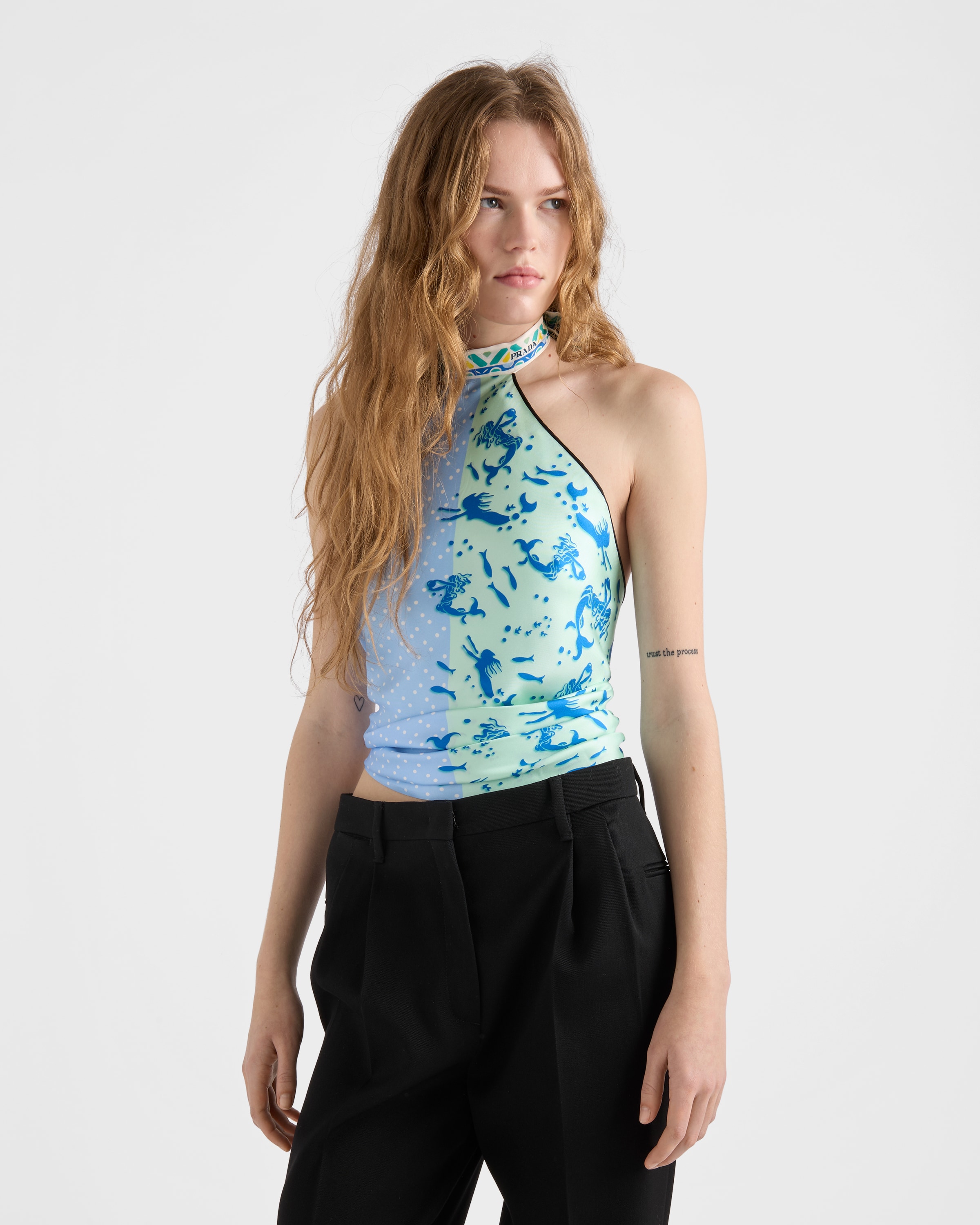 Astral Blue/Aquamarine Printed silk twill top | PRADA - United States