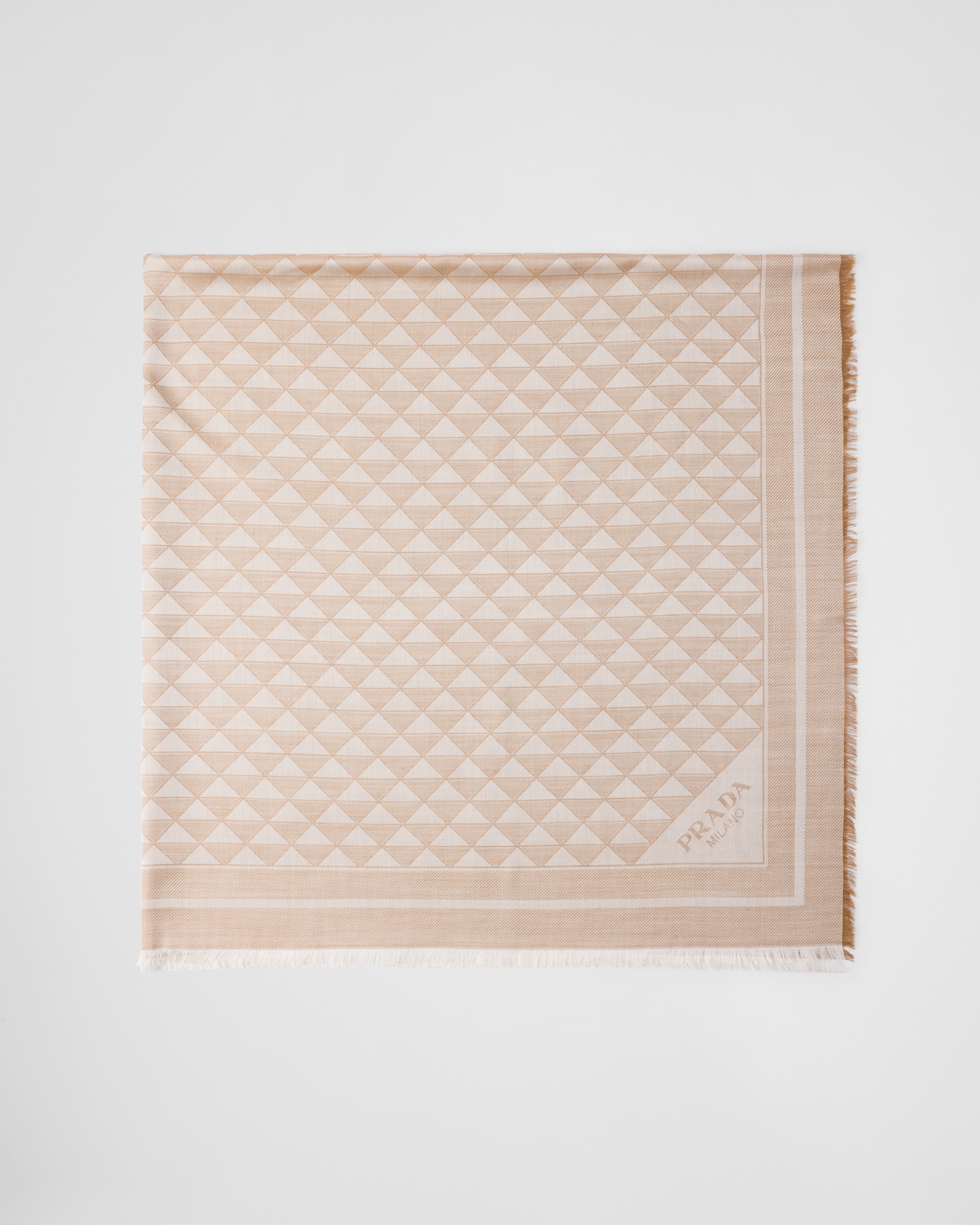 Prada Logo-jacquard Frayed Scarf In Camel Beige/chalk White