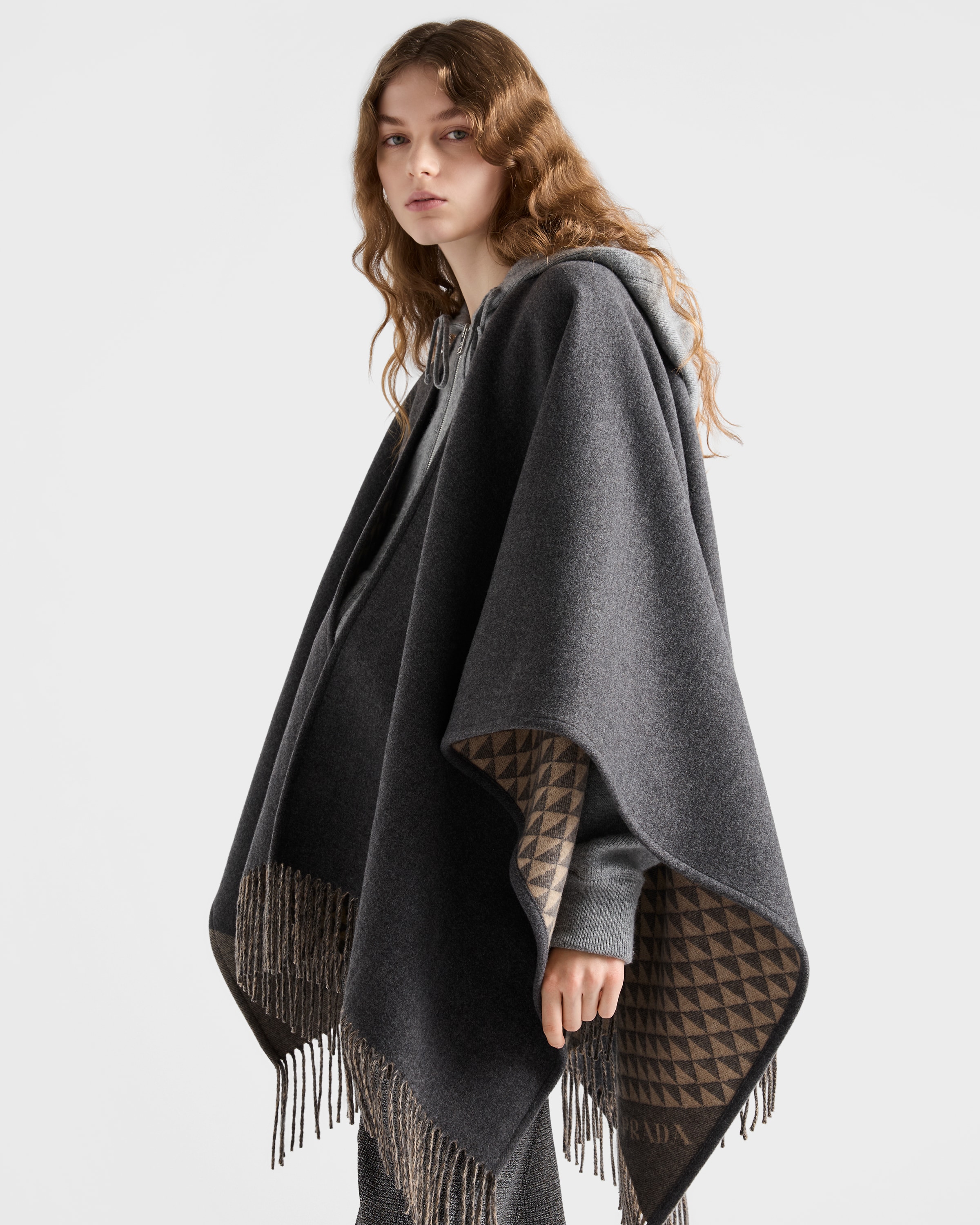 Slate/camel Reversible Wool And Cashmere Poncho | PRADA - United
