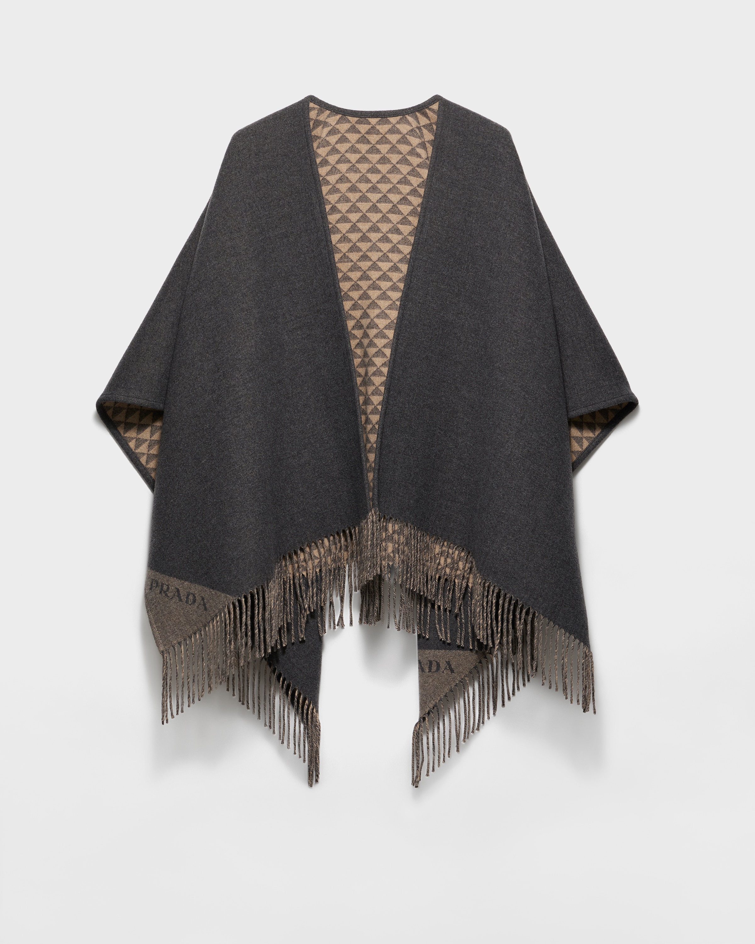 Prada Poncho Double In Lana E Cashmere, Donna, Ardesia/cammello