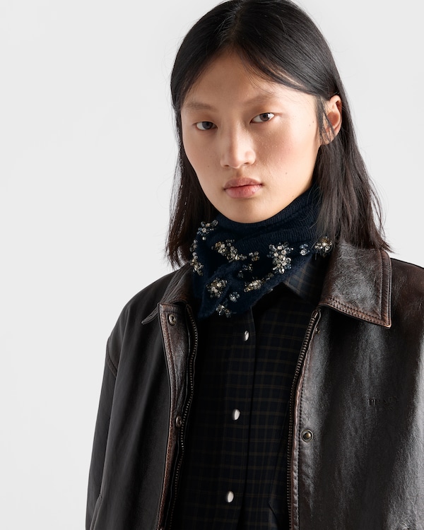 Embroidered cashmere triangle scarf - Navy Embroidered cashmere triangle scarf - Navy
