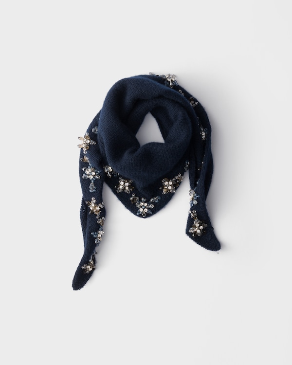 Embroidered cashmere triangle scarf - Navy Embroidered cashmere triangle scarf - Navy