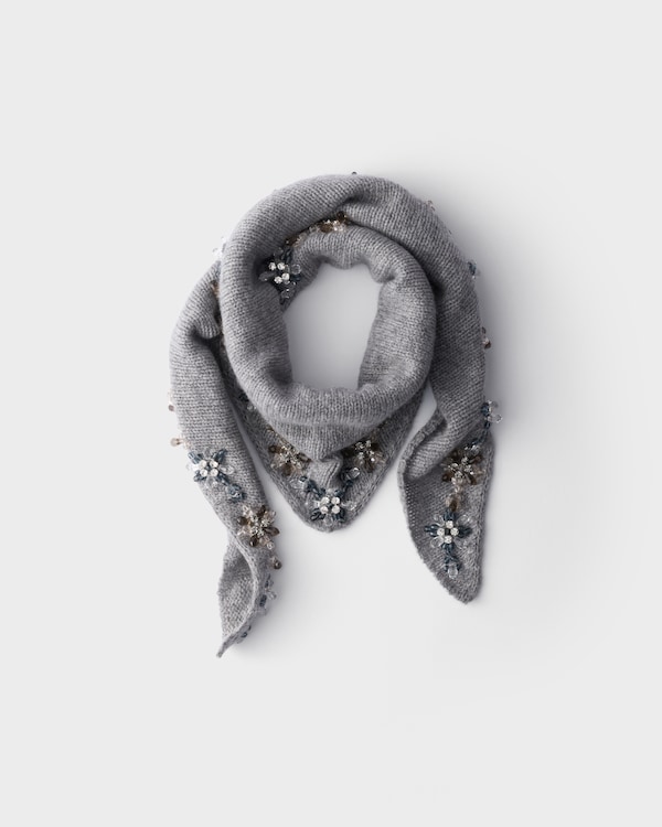 Embroidered cashmere triangle scarf - Grey Embroidered cashmere triangle scarf - Grey
