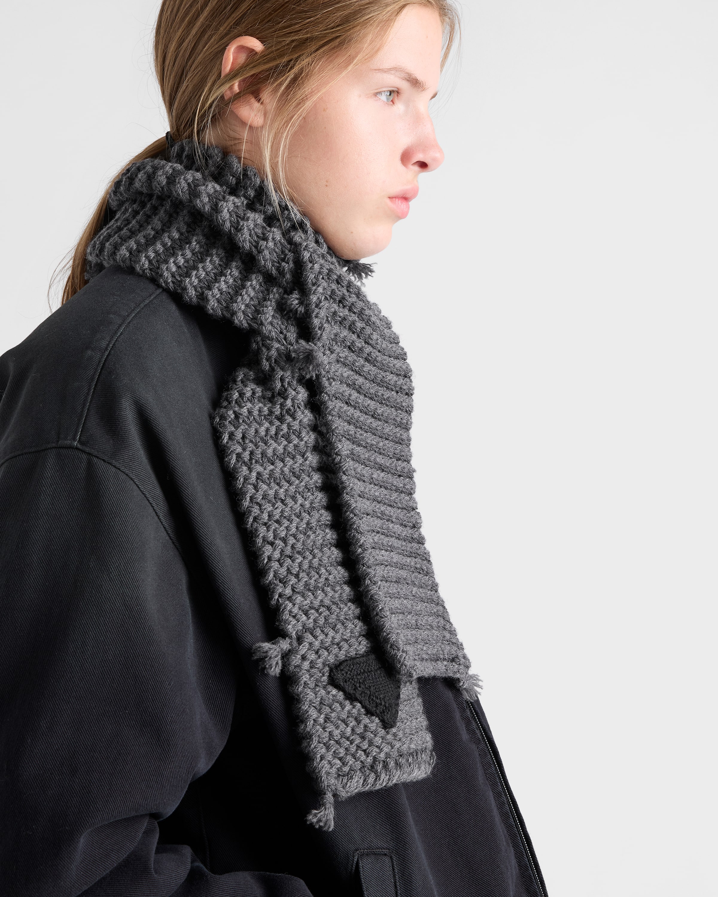 Slate Gray Wool Knit Scarf | PRADA