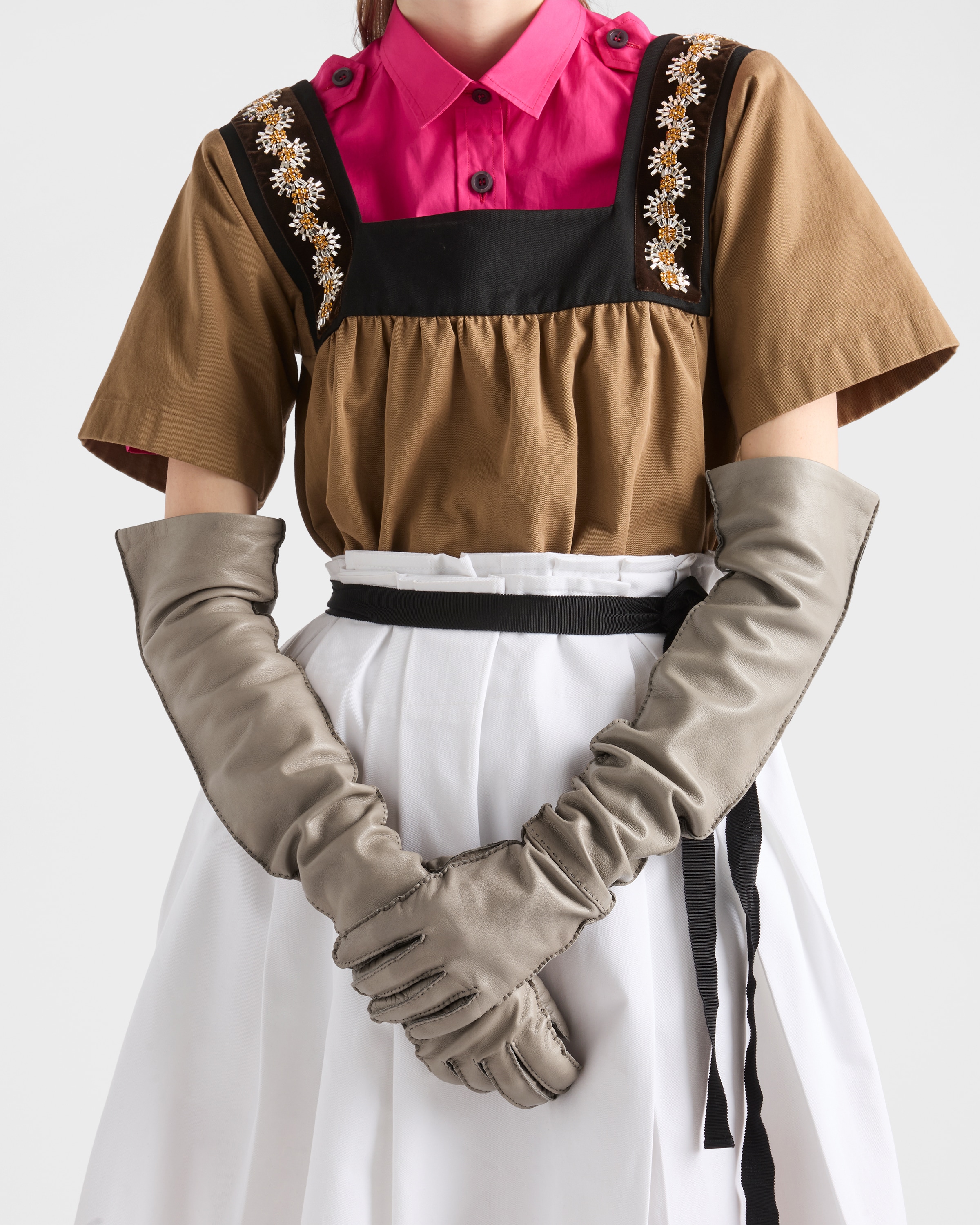 Grey Leather Long Gloves | PRADA - United States