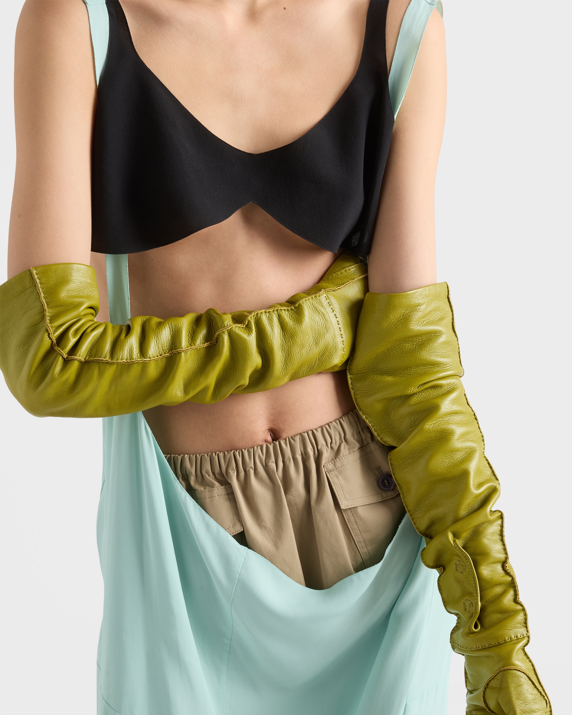 Ivy Green Leather Long Gloves | PRADA - United States