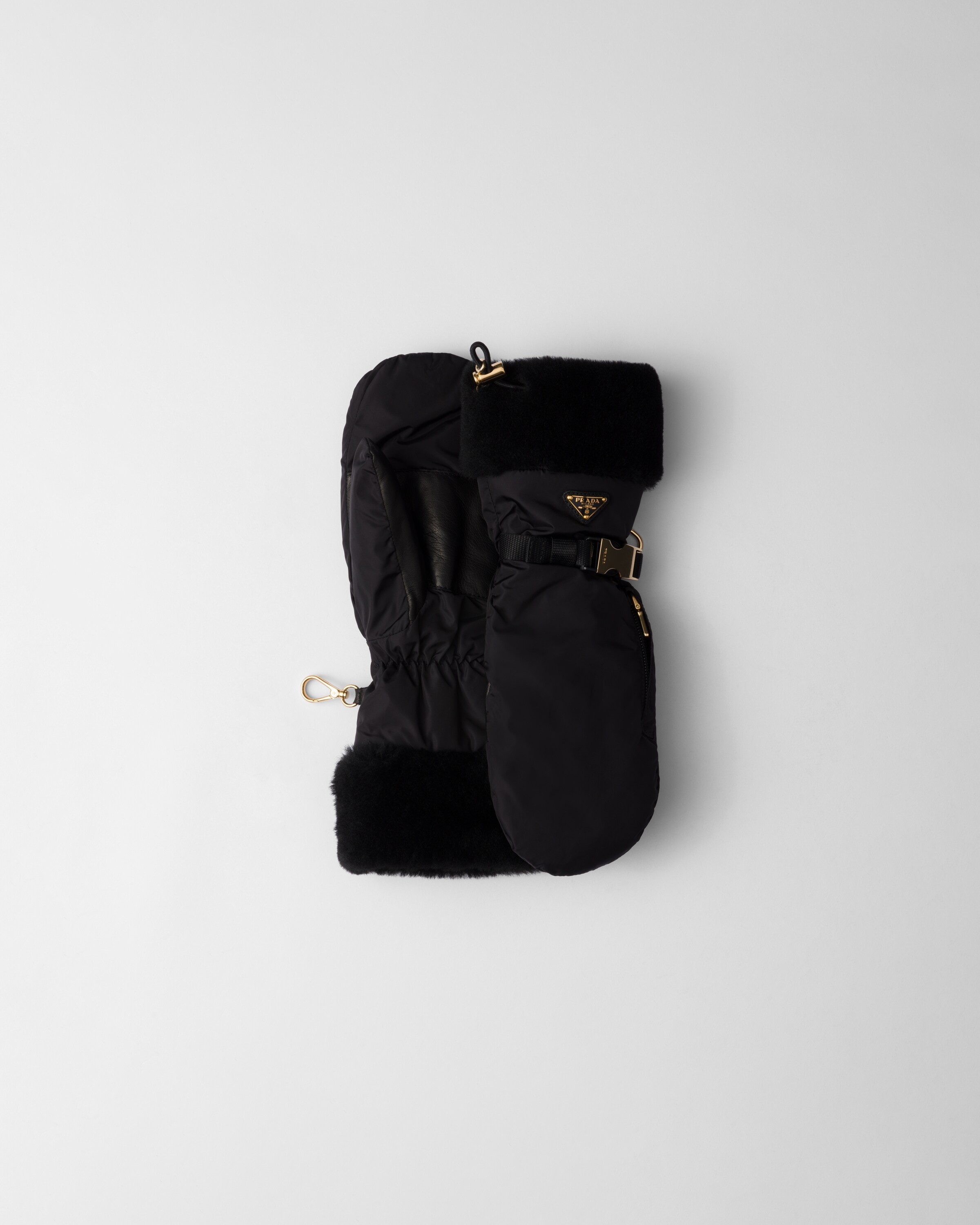 Prada Re-nylon And Shearling Mittens, Woman, Black, Size 7,5