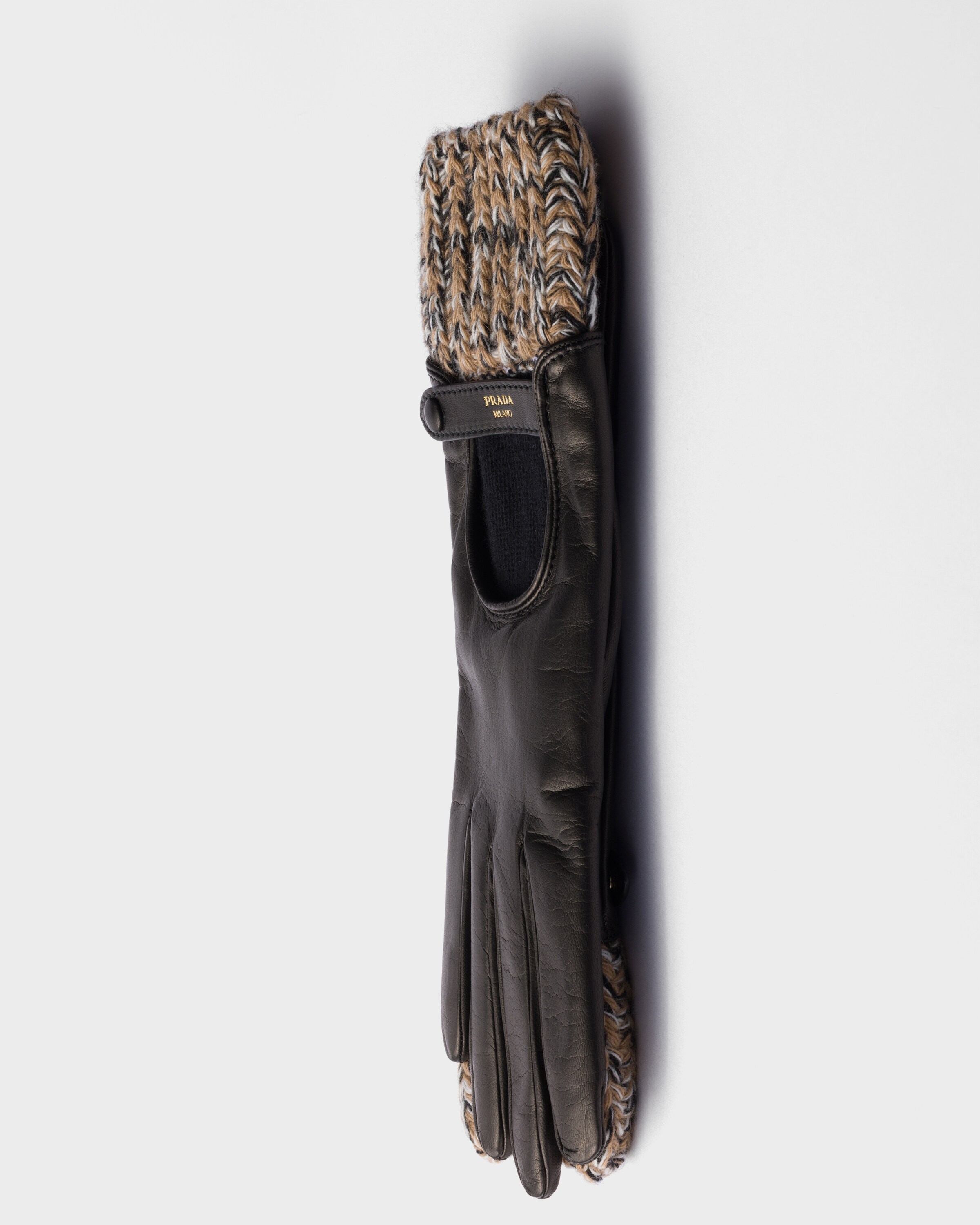 Camel/Black Nappa leather and mélange knit gloves | PRADA - United