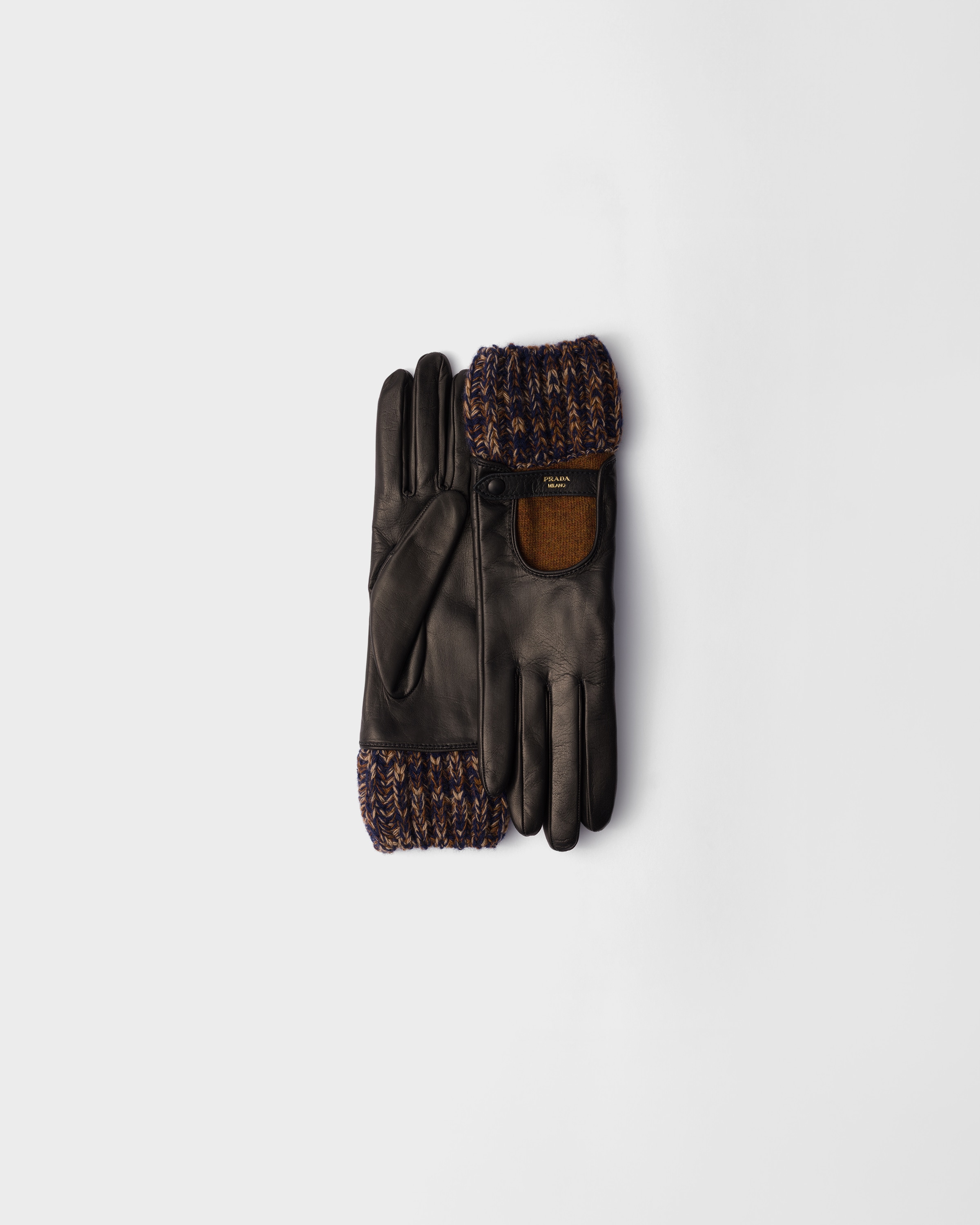 Navy Blue/Rust Nappa leather and mélange knit gloves | PRADA