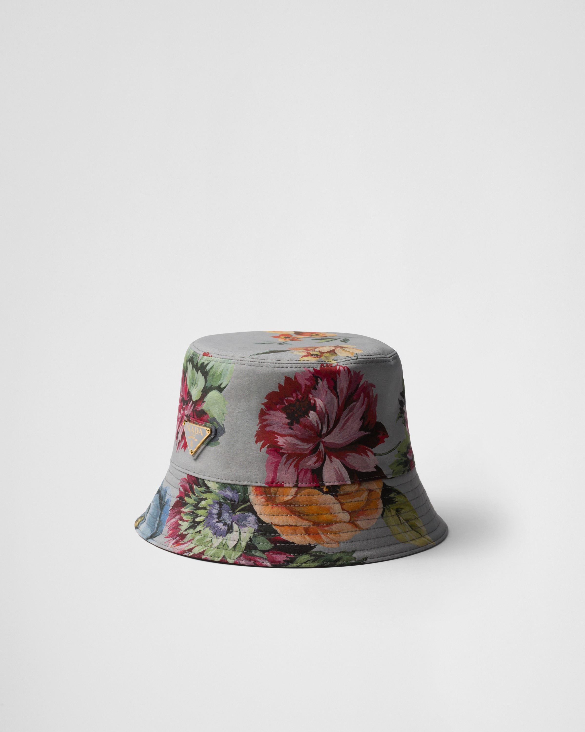 Steel Gray Reversible Printed Cotton Bucket Hat PRADA