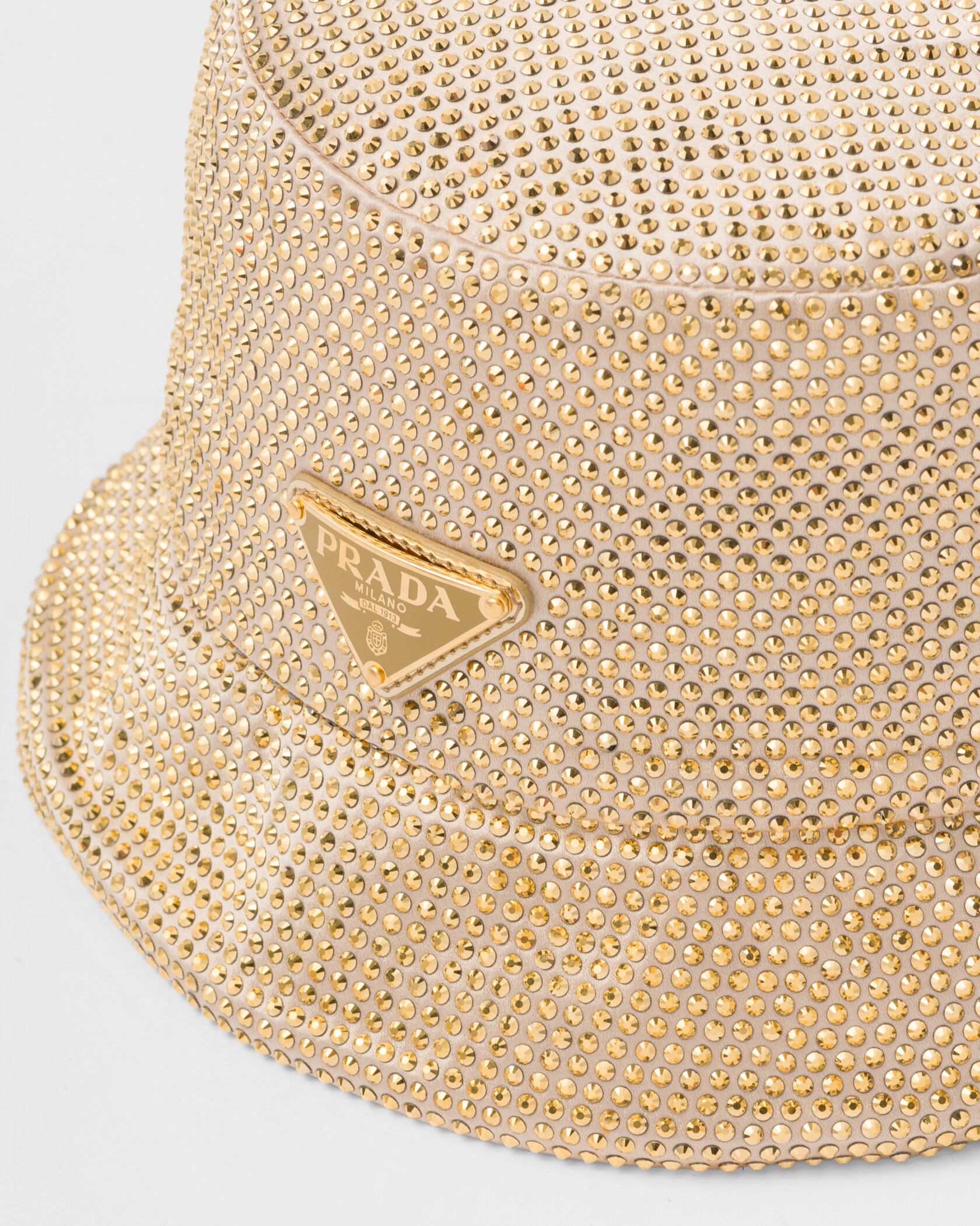 Platinum Satin bucket hat with crystals Prada