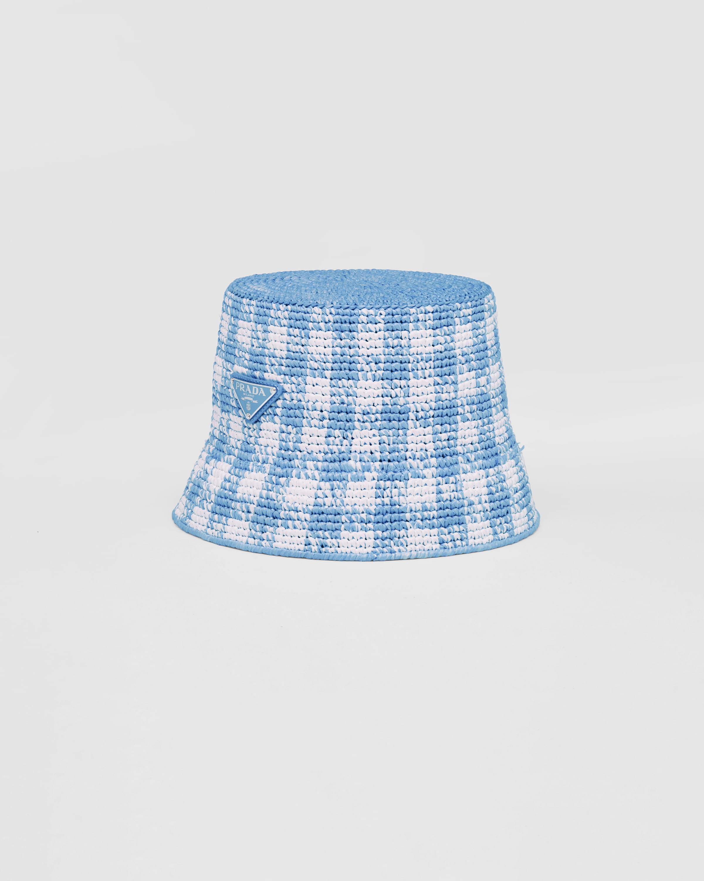 Prada Checked Raffia Bucket Hat In Blue