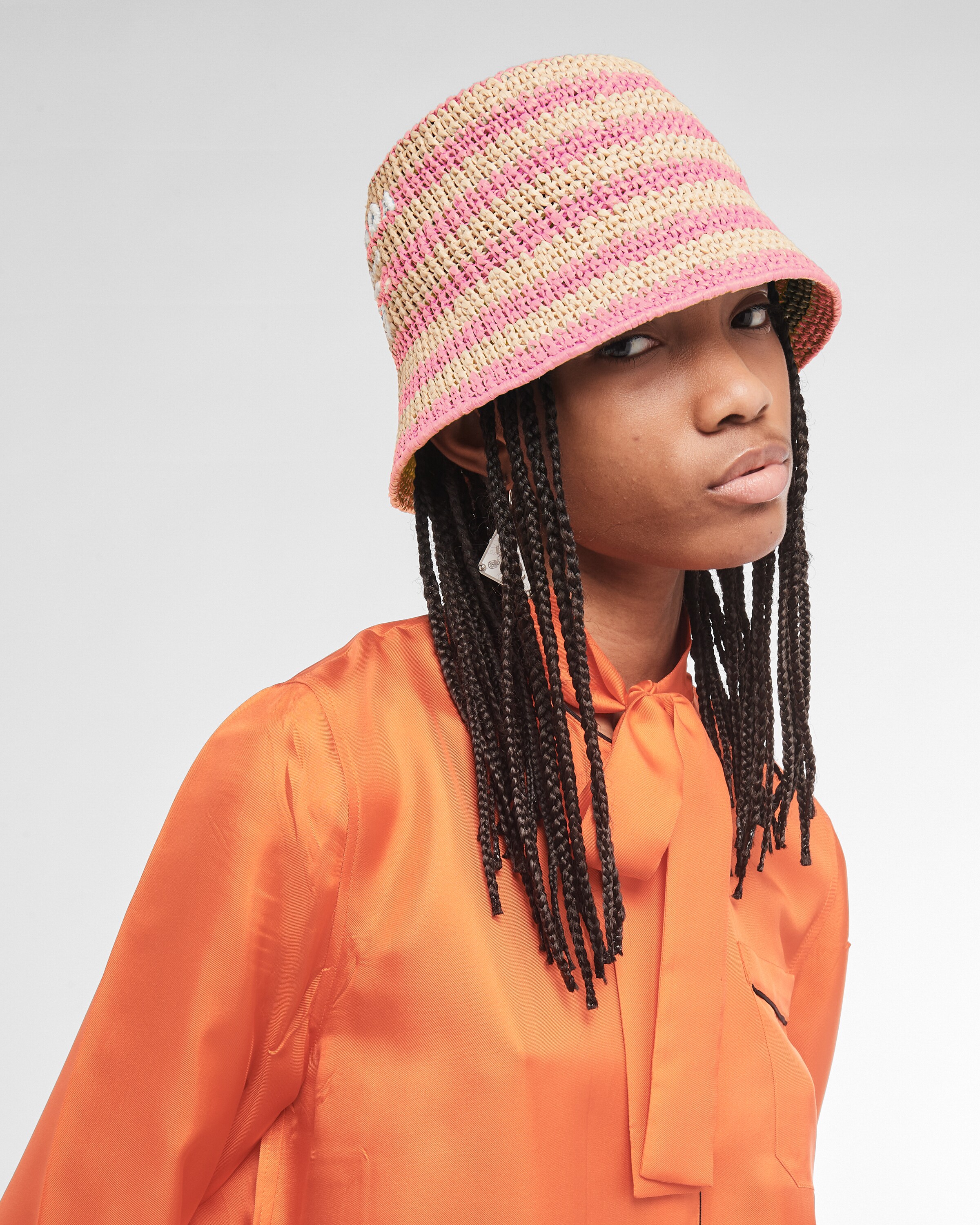 Tan/petal Pink Raffia bucket hat Prada