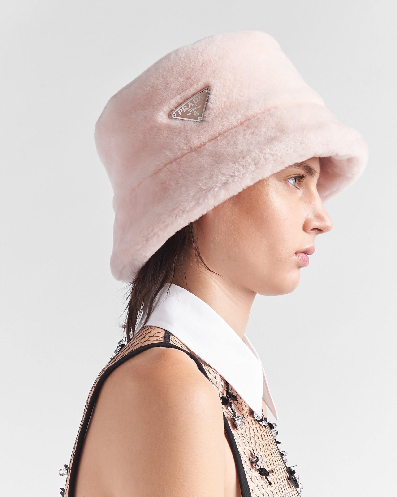 Orchid Pink Shearling Bucket Hat PRADA