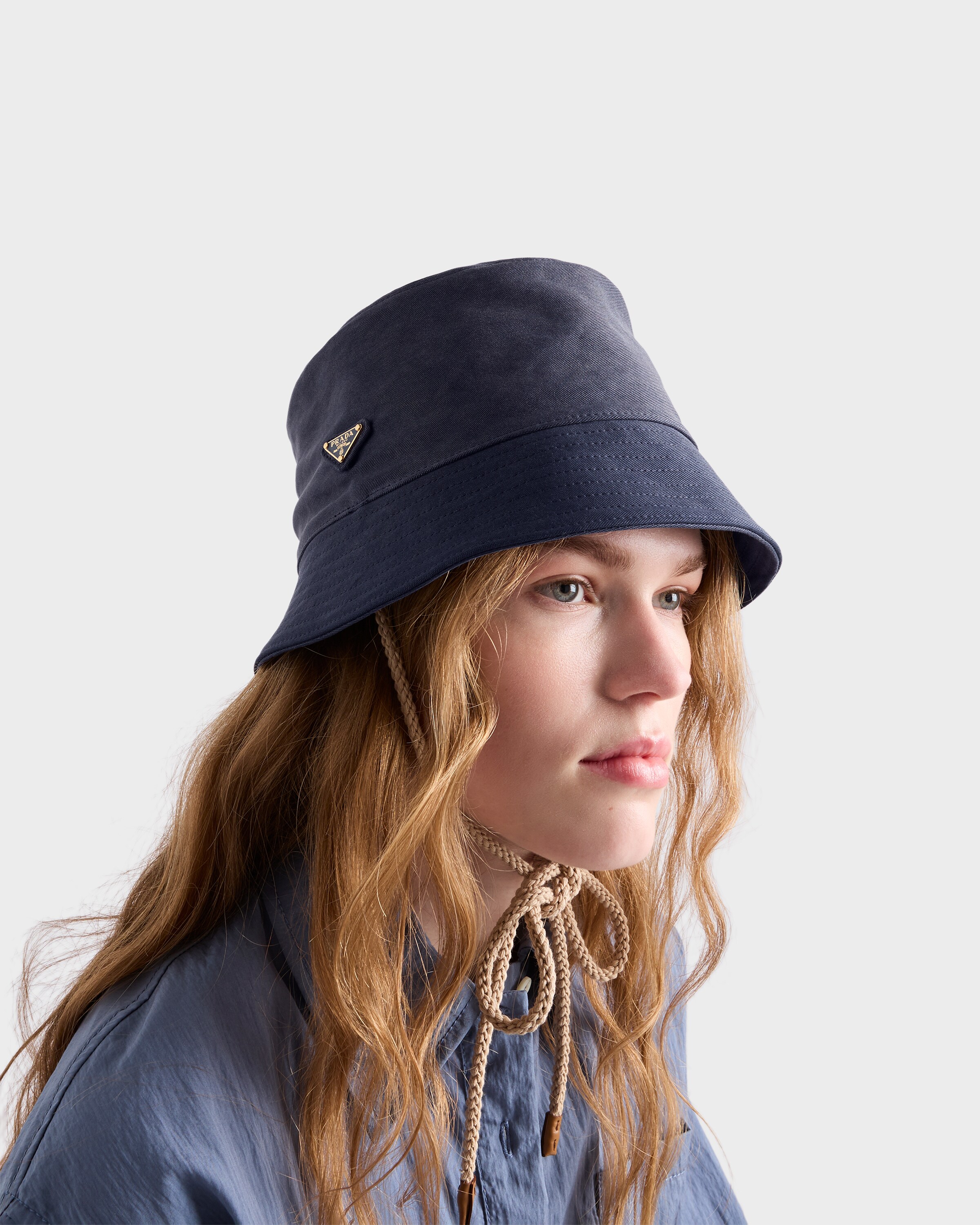 Prada 2HC137 Blue Cotton Blend bucket hat embroidered white stitch logo, Size SM PRADA Bucket Hats for Women for sale - eBay main image 4