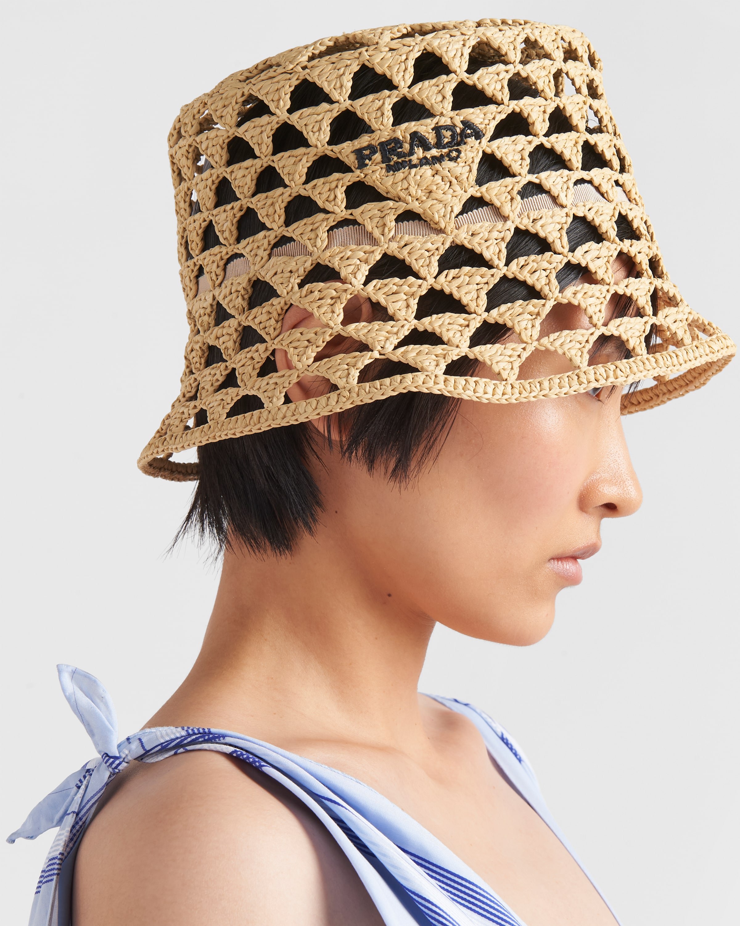 Tan black Crochet Bucket Hat PRADA