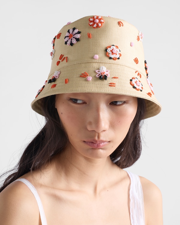 Embroidered canvas bucket hat - Tan/Red Embroidered canvas bucket hat - Tan/Red