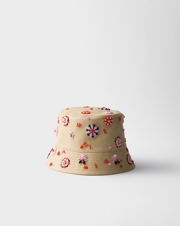 Embroidered canvas bucket hat - Tan/Red Embroidered canvas bucket hat - Tan/Red
