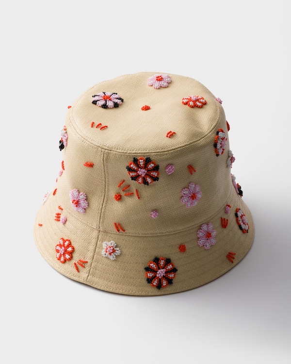 Embroidered canvas bucket hat - Tan/Red Embroidered canvas bucket hat - Tan/Red