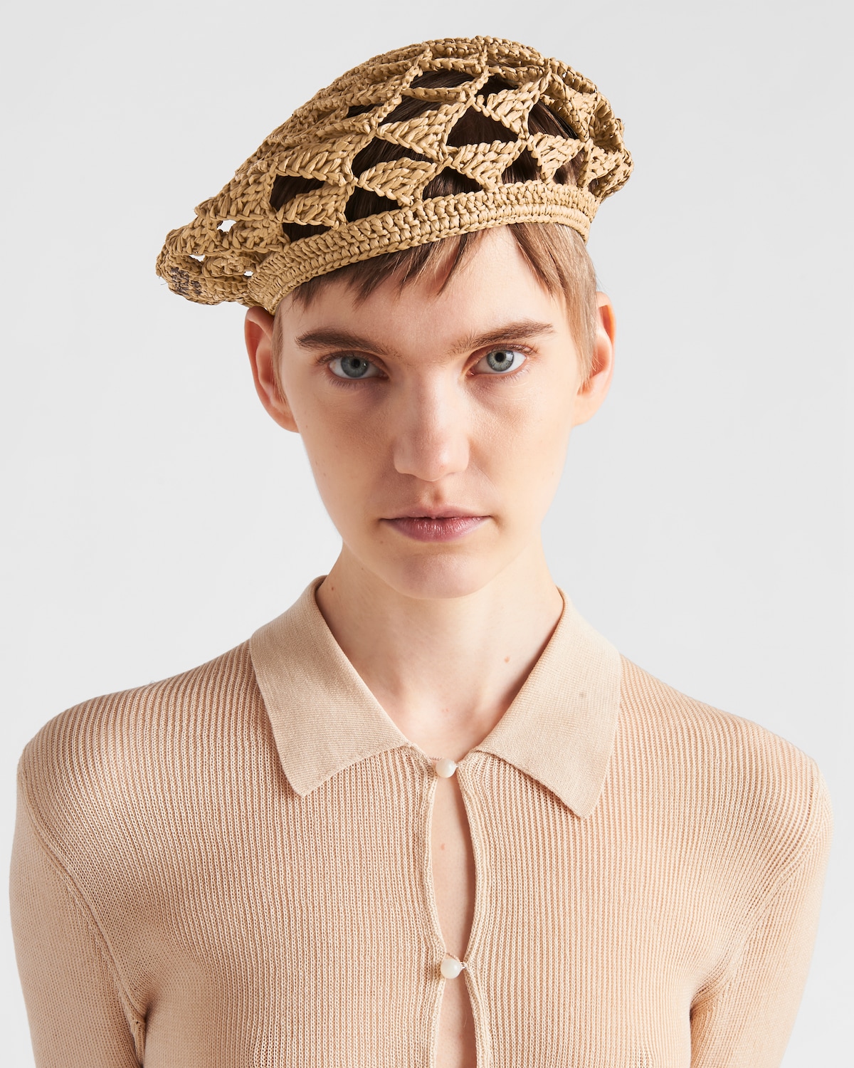 Tan black crochet beret prada
