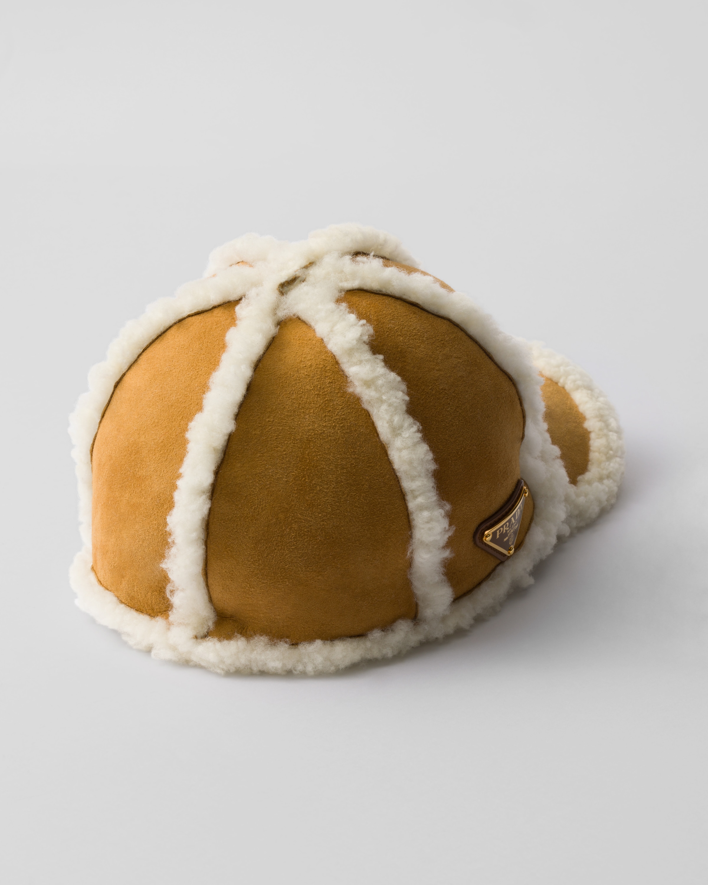 Prada Suede Shearling Baseball Cap In Honey