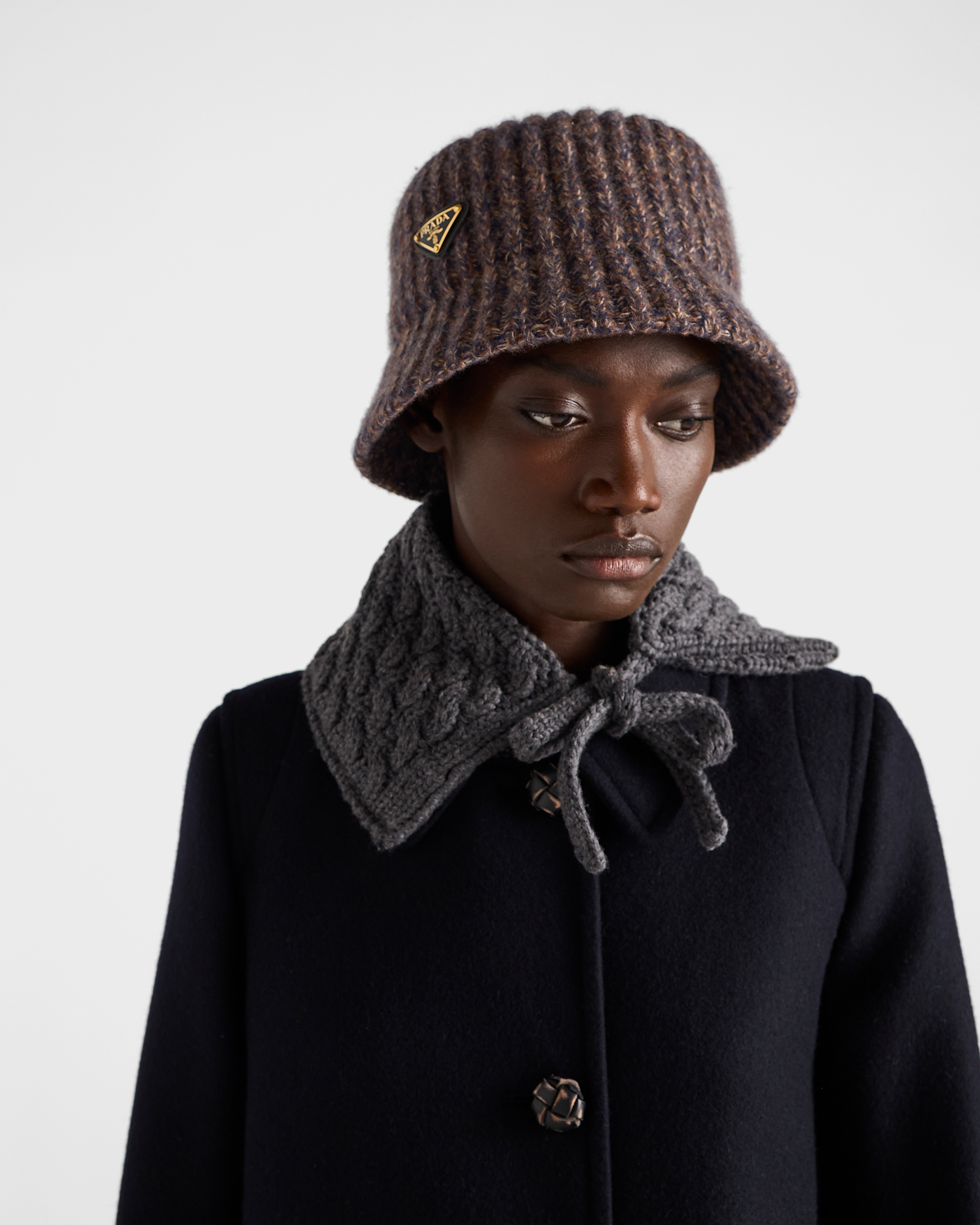 Prada Womens Brown Melange Knitted Wool Bucket Hat In Gray
