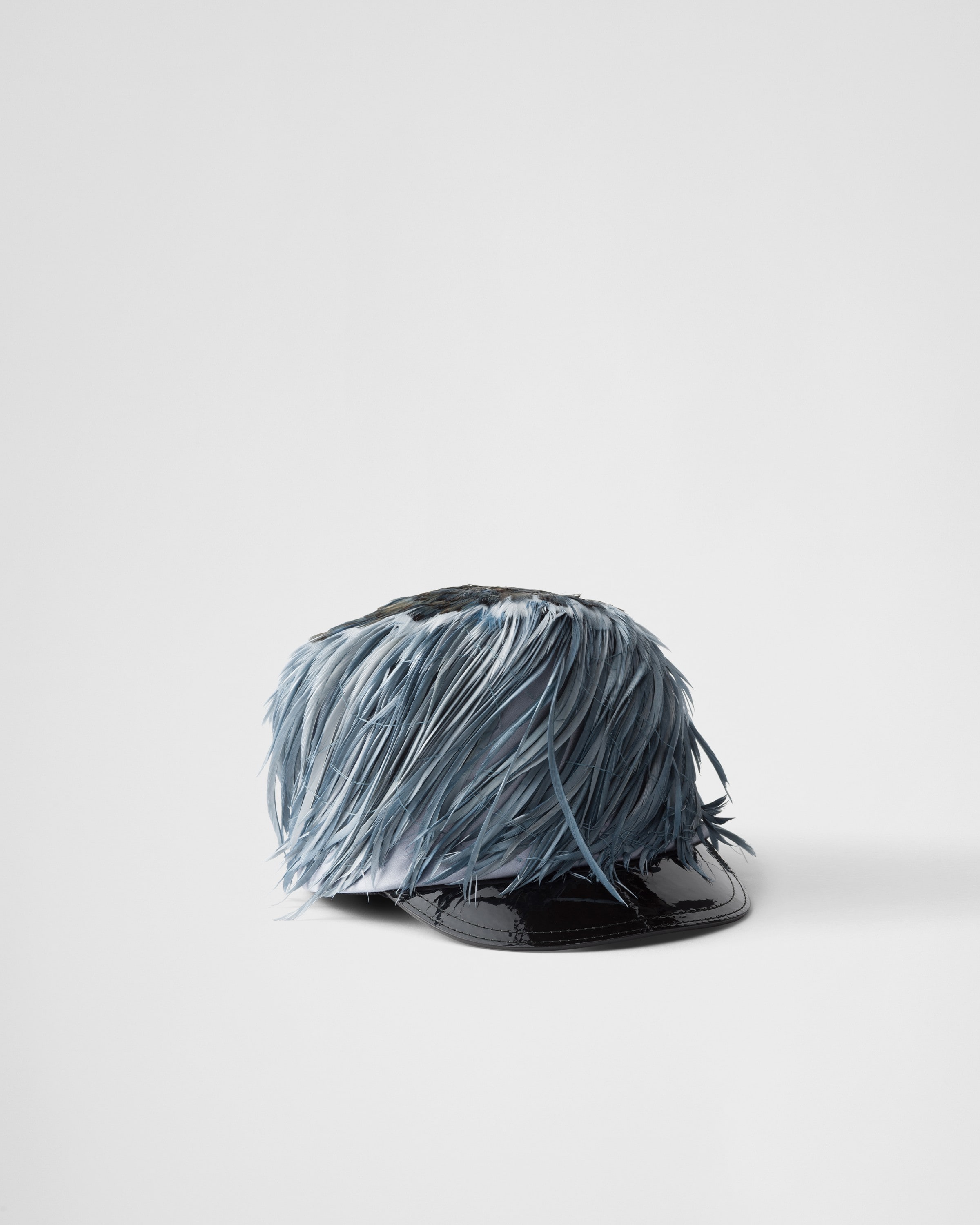 Prada Patent Leather And Feather Hat In Light Blue