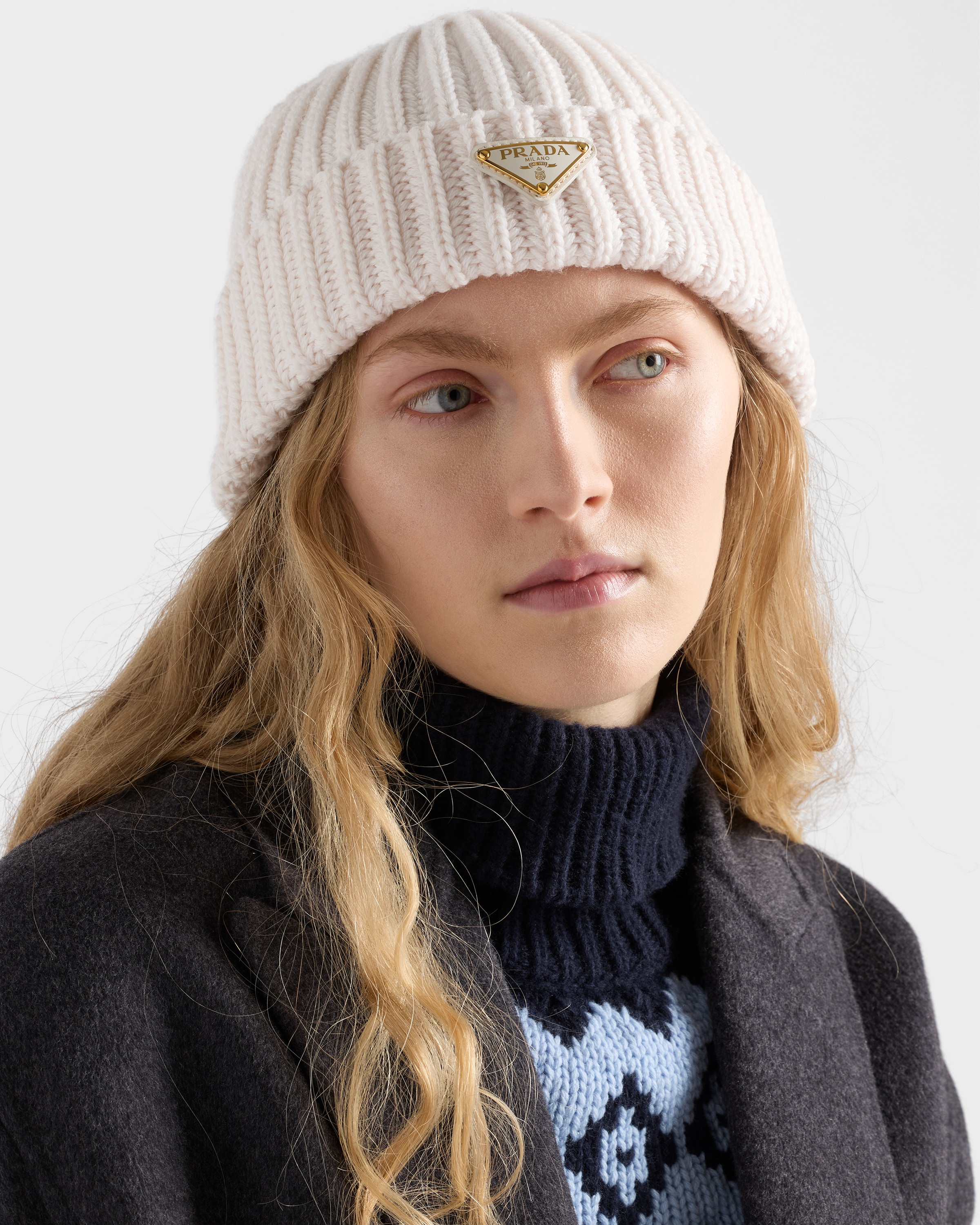 Chalk White Wool Beanie | PRADA
