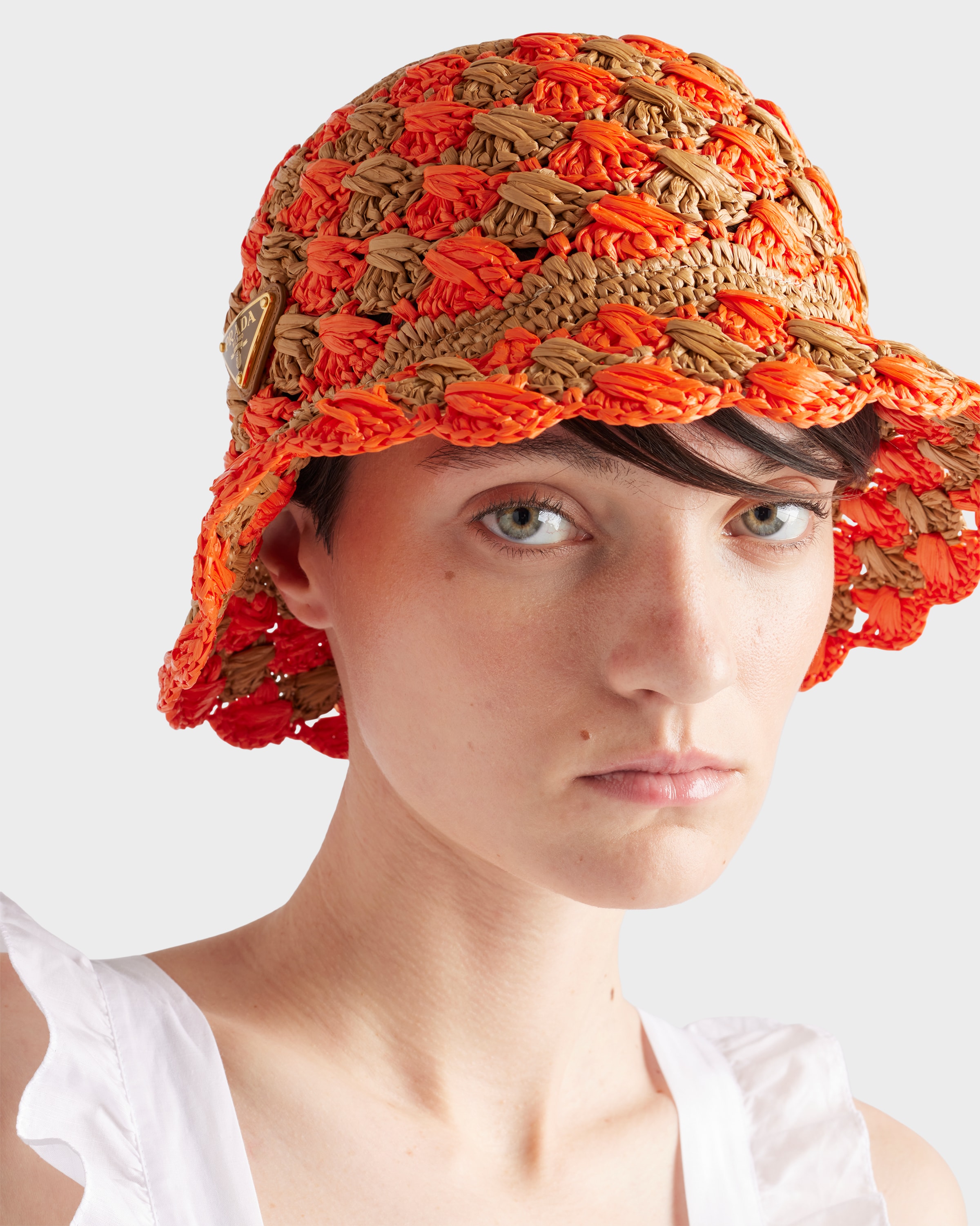 Shop Prada Crochet Bucket Hat In Orange/karamell