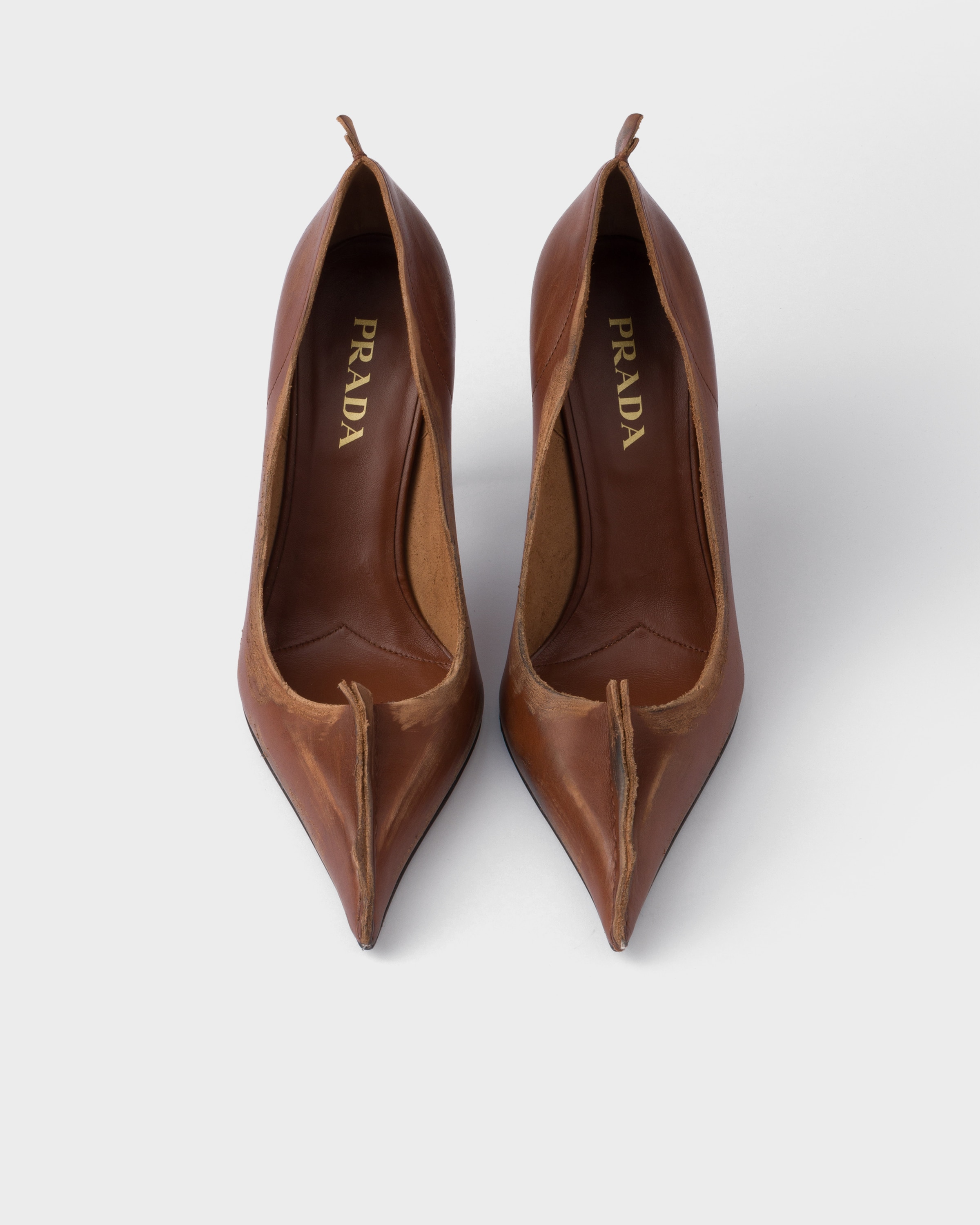 Prada 85mm Antiqued Leather Pumps In Brown