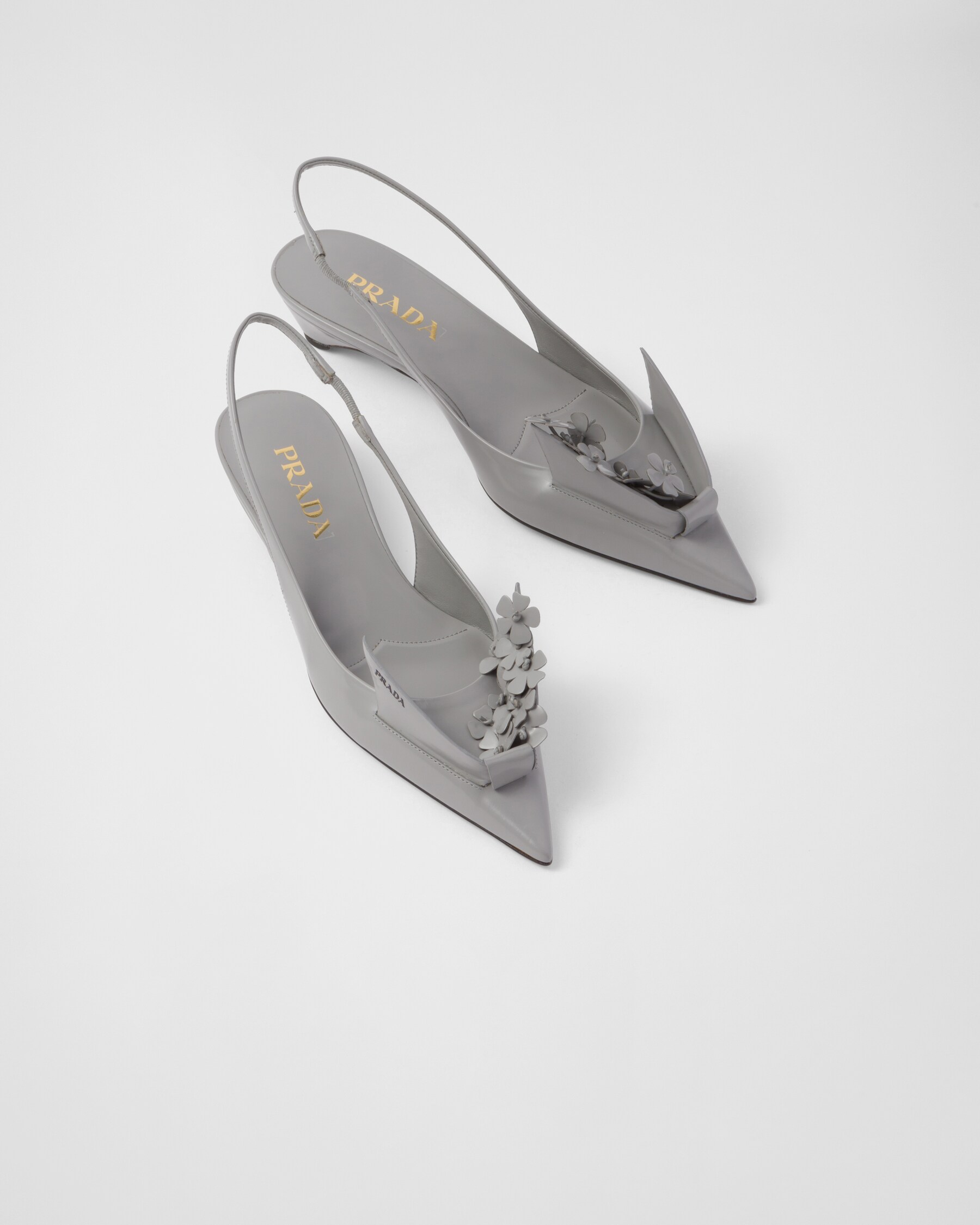 Cloudy Gray Brushed Leather Slingback Pumps With Floral Appliques | PRADA