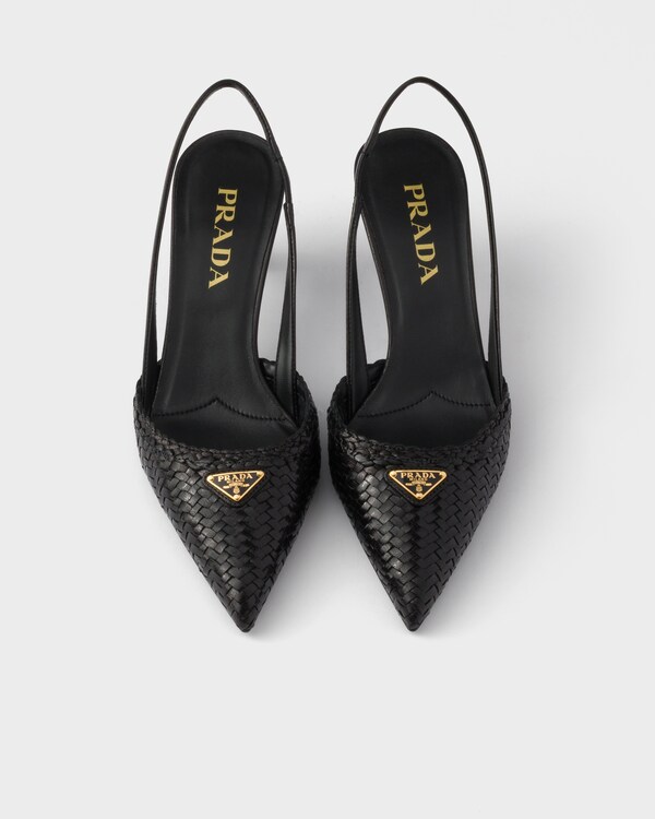 حذاء بكعب عالٍ ورباط على الكاحل من الجلد المحبوك - أسود حذاء بكعب عالٍ ورباط على الكاحل من الجلد المحبوك - أسود