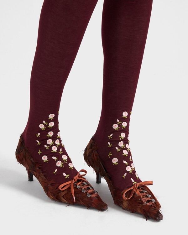Feather-embellished satin pumps - Coffee Feather-embellished satin pumps - Coffee