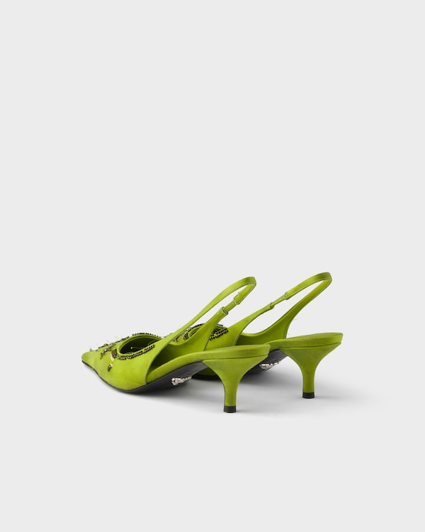 Bestickte Slingback-Pumps aus Satin - Farngrün Bestickte Slingback-Pumps aus Satin - Farngrün