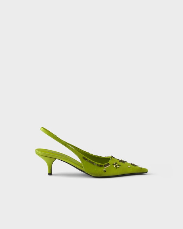 Bestickte Slingback-Pumps aus Satin - Farngrün Bestickte Slingback-Pumps aus Satin - Farngrün