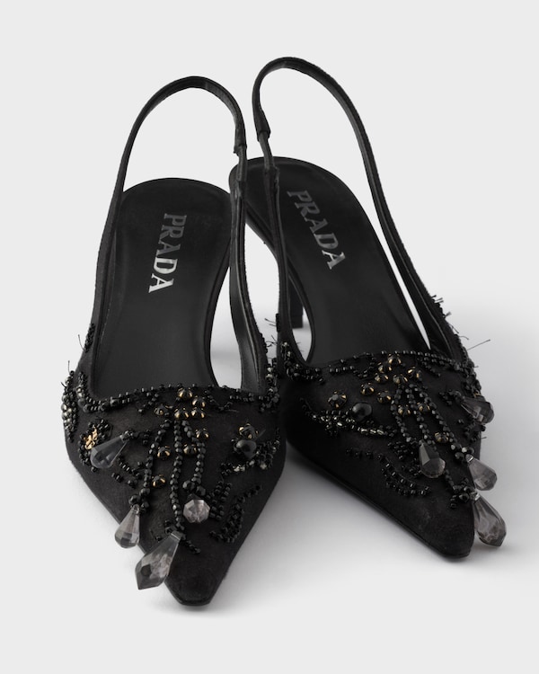Bestickte Slingback-Pumps aus Satin - Schwarz Bestickte Slingback-Pumps aus Satin - Schwarz