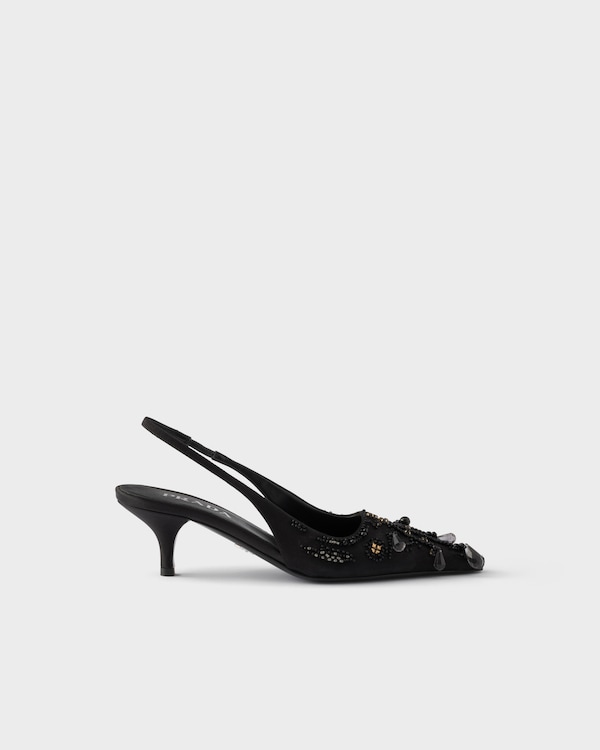 Bestickte Slingback-Pumps aus Satin - Schwarz Bestickte Slingback-Pumps aus Satin - Schwarz