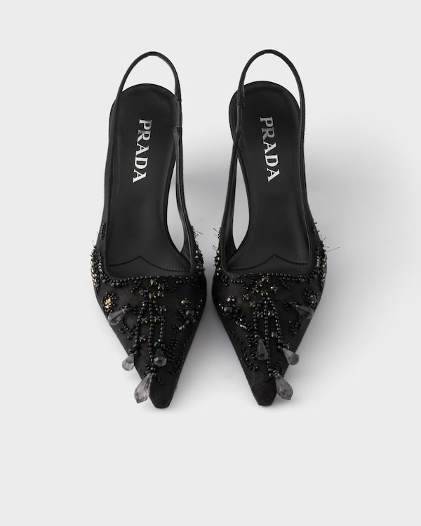 Bestickte Slingback-Pumps aus Satin - Schwarz Bestickte Slingback-Pumps aus Satin - Schwarz