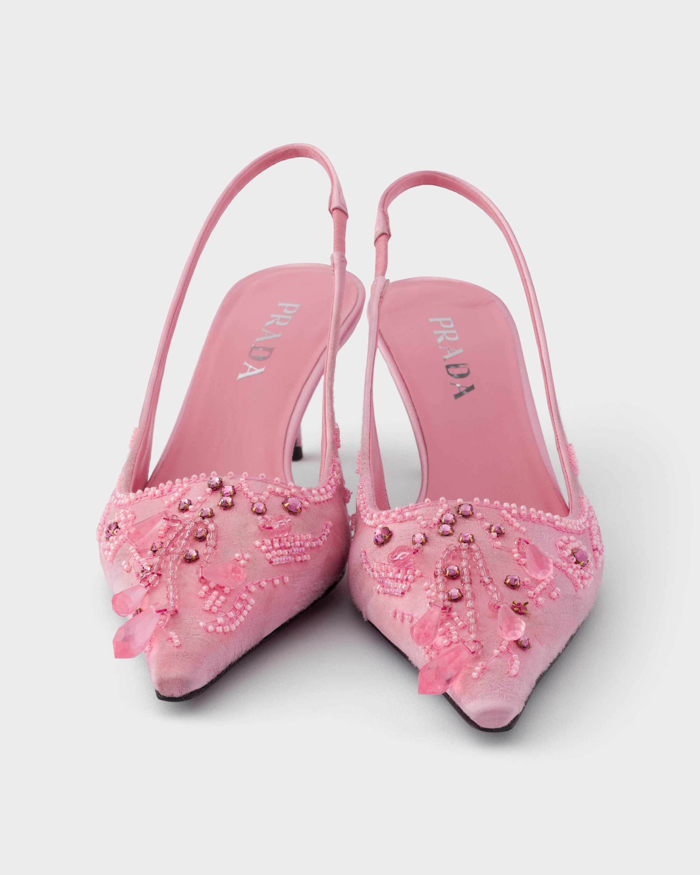 Rosebud Pink Embroidered Satin Slingback Pumps | PRADA - United States