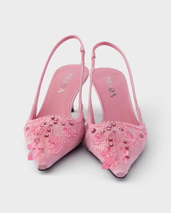 Bestickte Slingback-Pumps aus Satin - Rosenblütenpink Bestickte Slingback-Pumps aus Satin - Rosenblütenpink