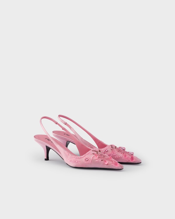 Bestickte Slingback-Pumps aus Satin - Rosenblütenpink Bestickte Slingback-Pumps aus Satin - Rosenblütenpink