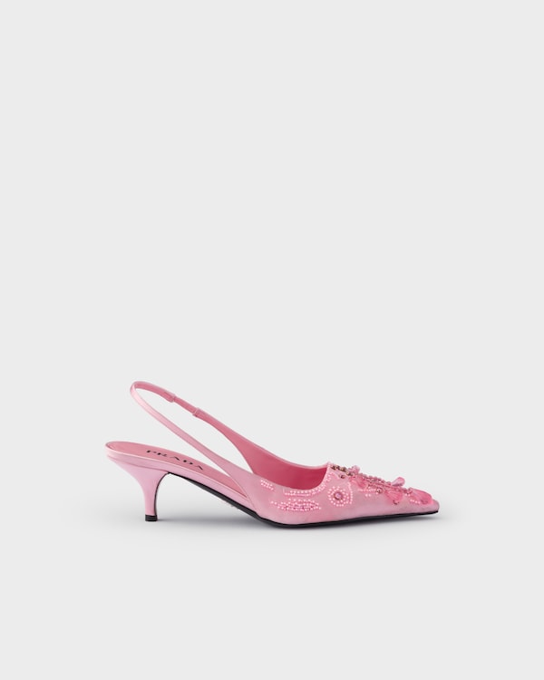Bestickte Slingback-Pumps aus Satin - Rosenblütenpink Bestickte Slingback-Pumps aus Satin - Rosenblütenpink