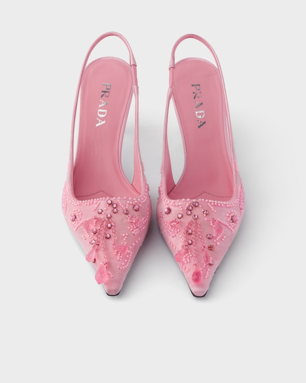 Bestickte Slingback-Pumps aus Satin - Rosenblütenpink Bestickte Slingback-Pumps aus Satin - Rosenblütenpink