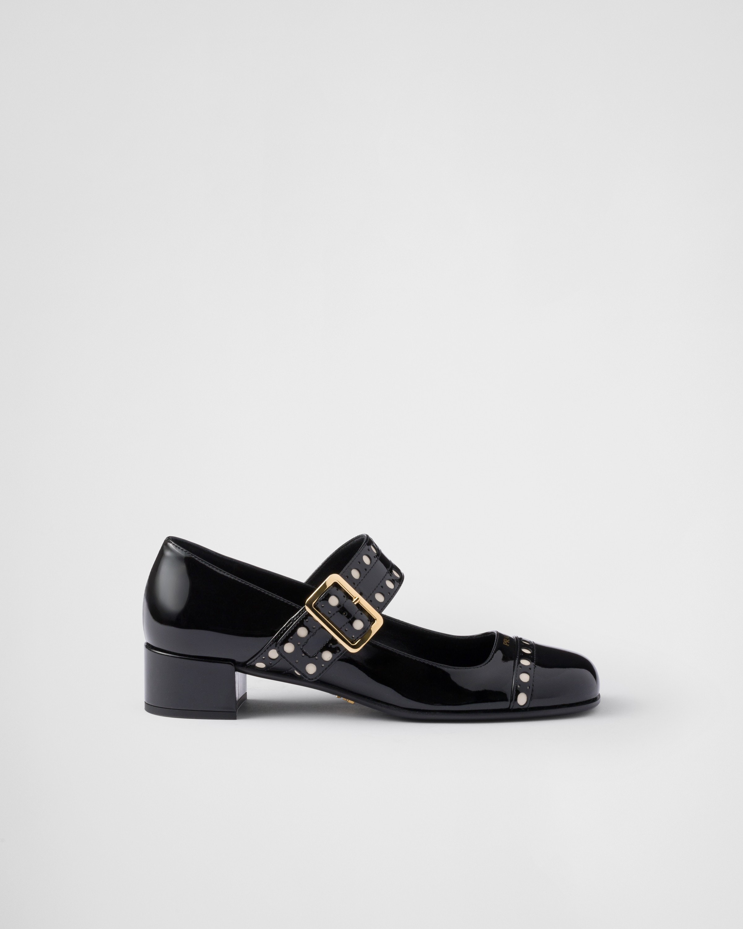 Prada Block Heel Round Toe Patent Finish Studded Detail In Schwarz