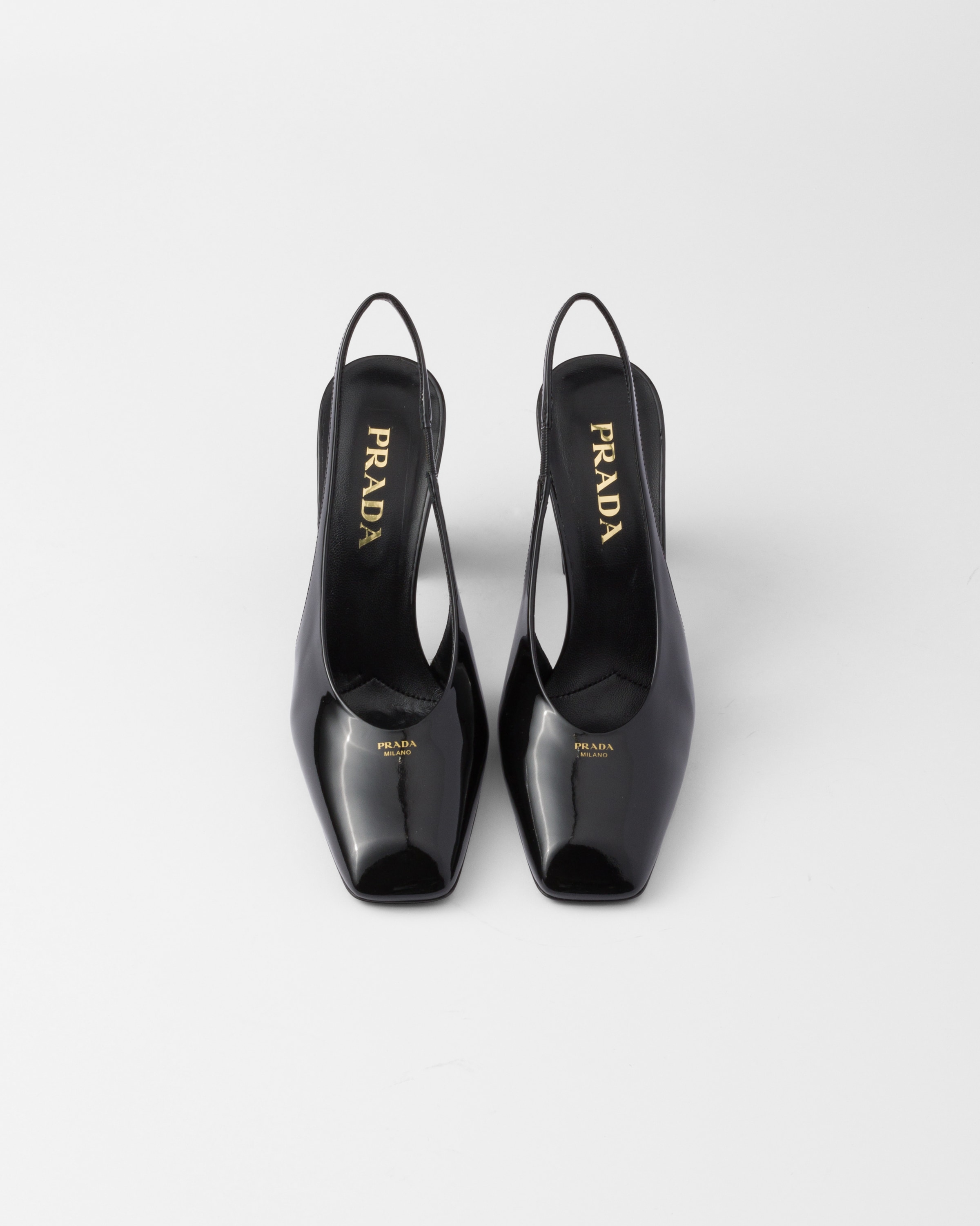 Prada Block Heel Patent Finish Pointed Toe Ballerina Shoes In Schwarz